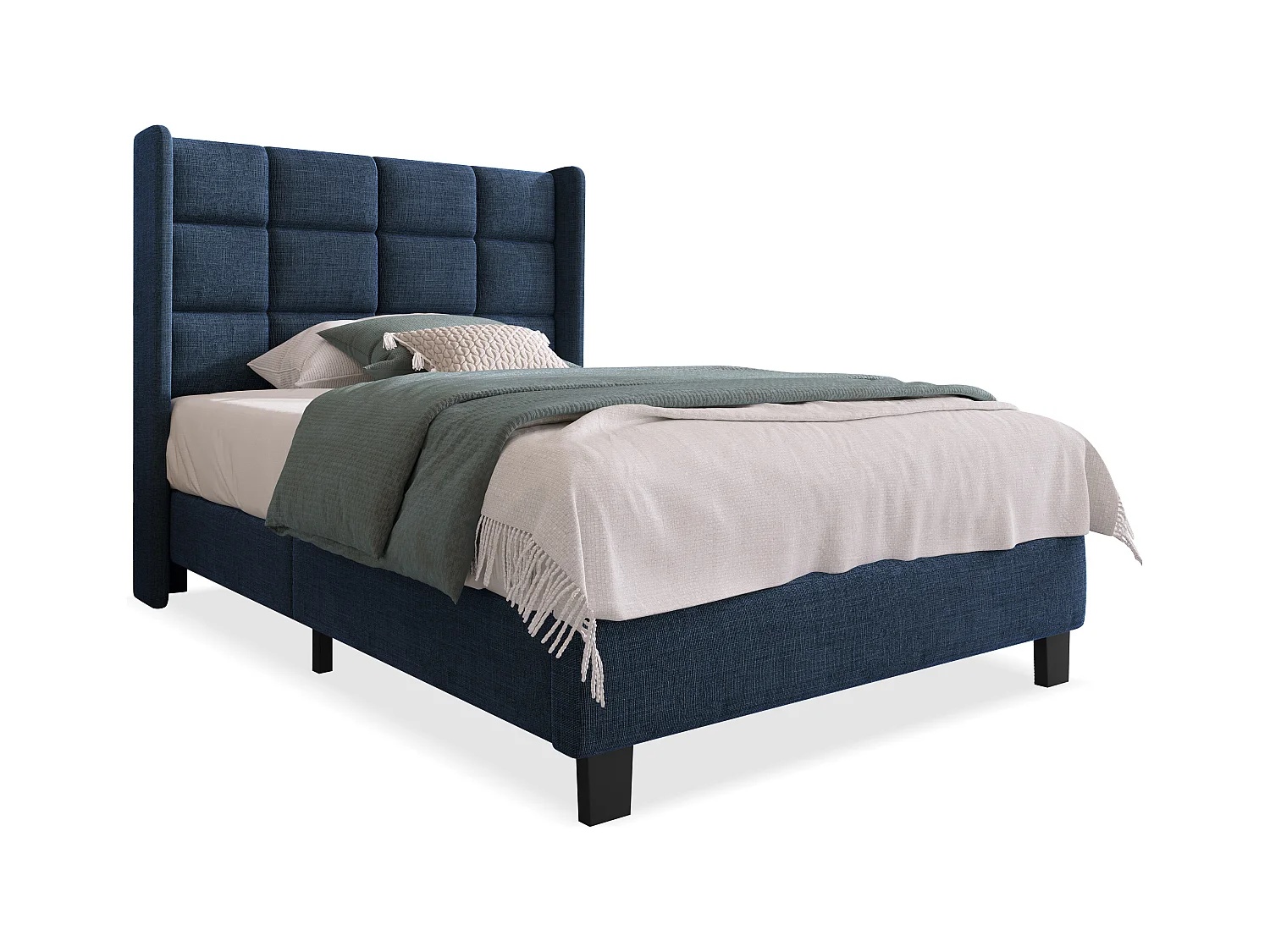 Letto singolo 90x200 cm - Testiera imbottita in lino blu (senza materasso)