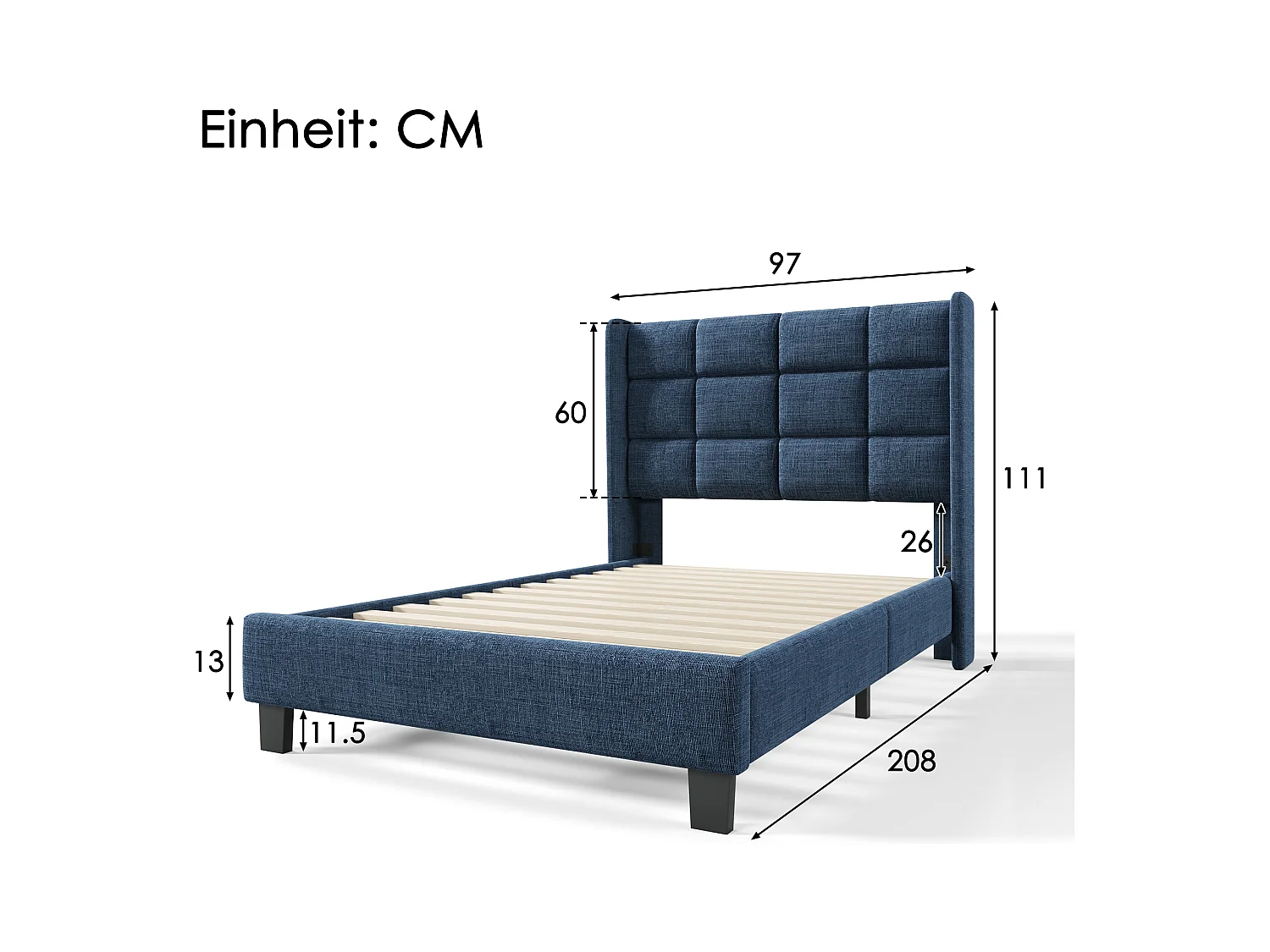 Letto singolo 90x200 cm - Testiera imbottita in lino blu (senza materasso)