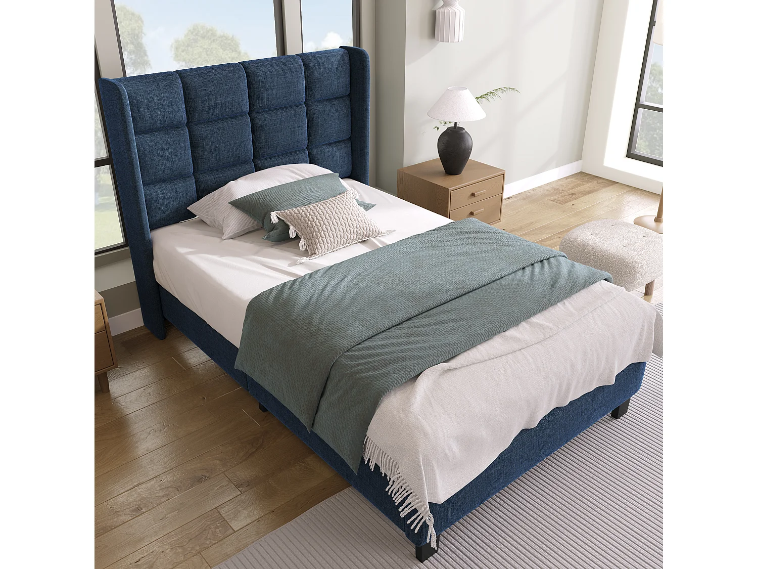 Lit enfant 90x200 cm avec Tête de lit rembourrée en lin bleu , sans matelas