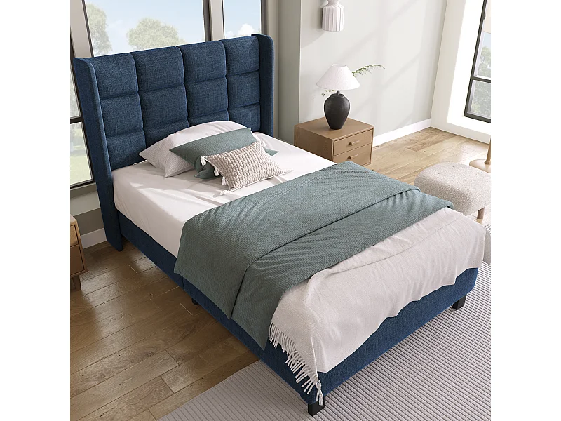 Lit enfant 90x200 cm avec Tête de lit rembourrée en lin bleu , sans matelas