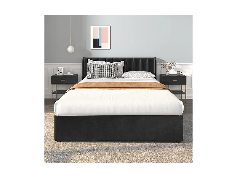 Letto matrimoniale 140x200 cm - con 2 cassetti - in velluto nero (senza materasso)