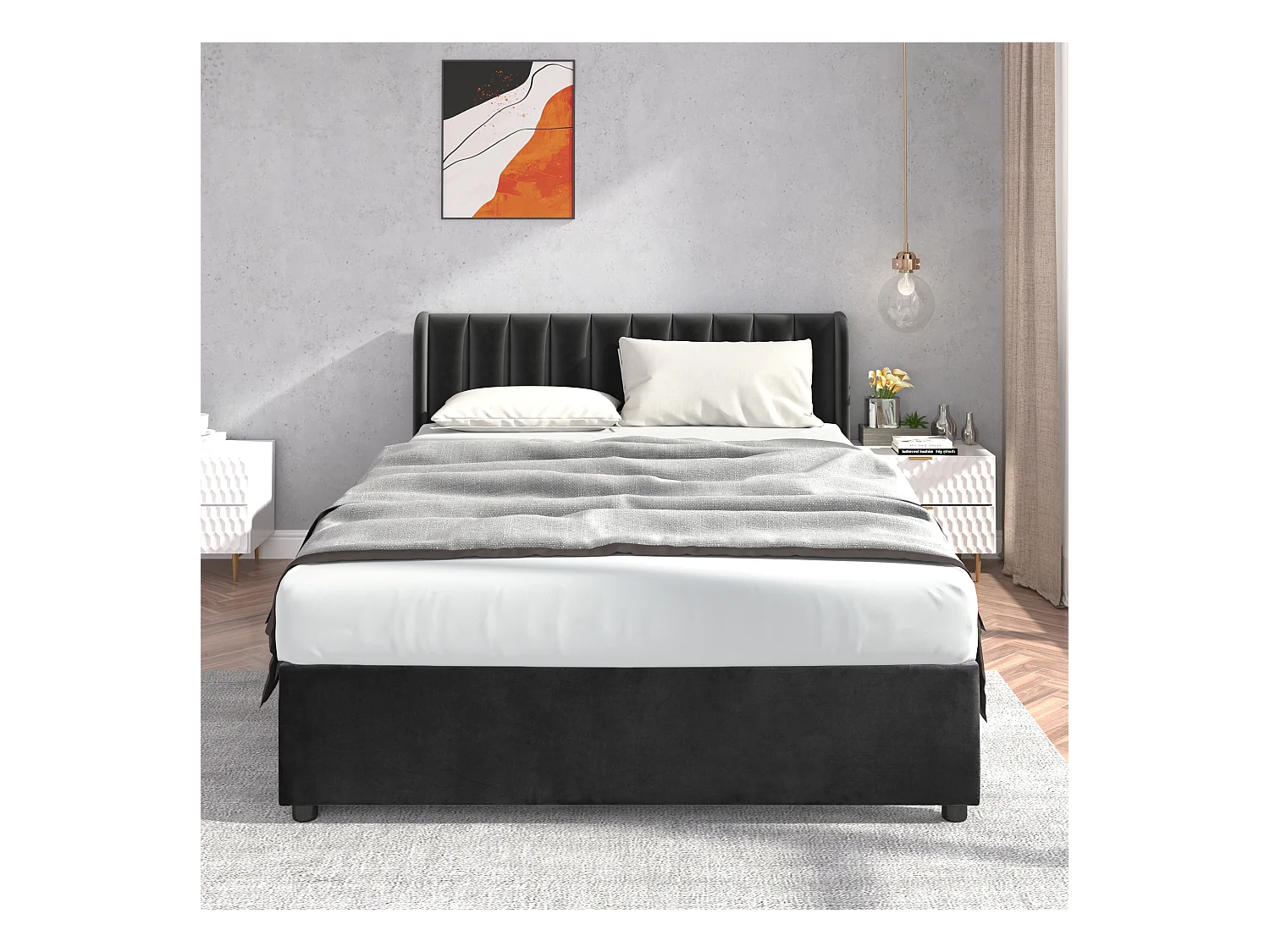 Cama de casal 140x200 cm - com 2 gavetas - em veludo preto (sem colchão)