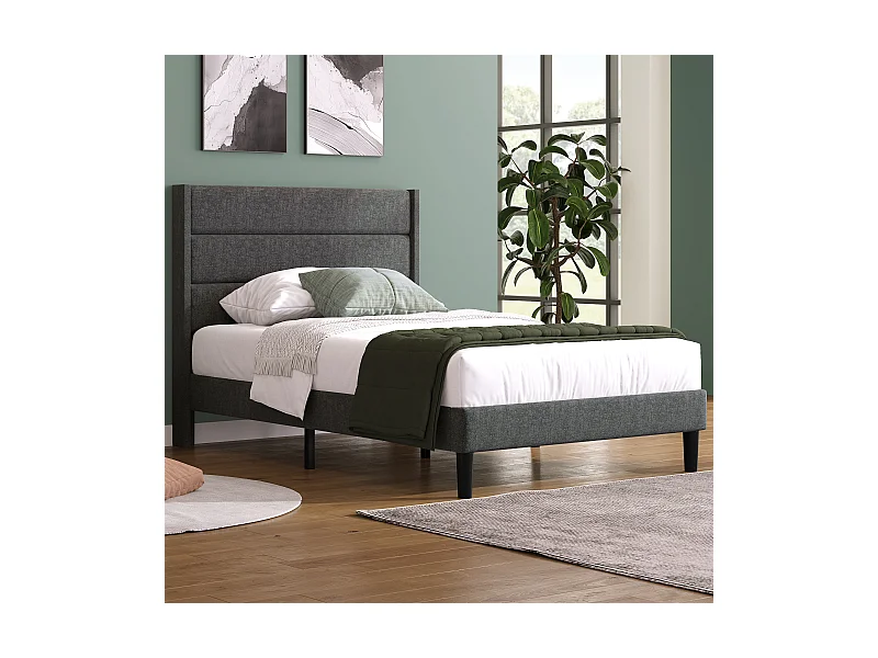 Lit enfant 90x200 cm avec sommier à lattes et tête de lit - Revêtement en lin gris, sans matelas