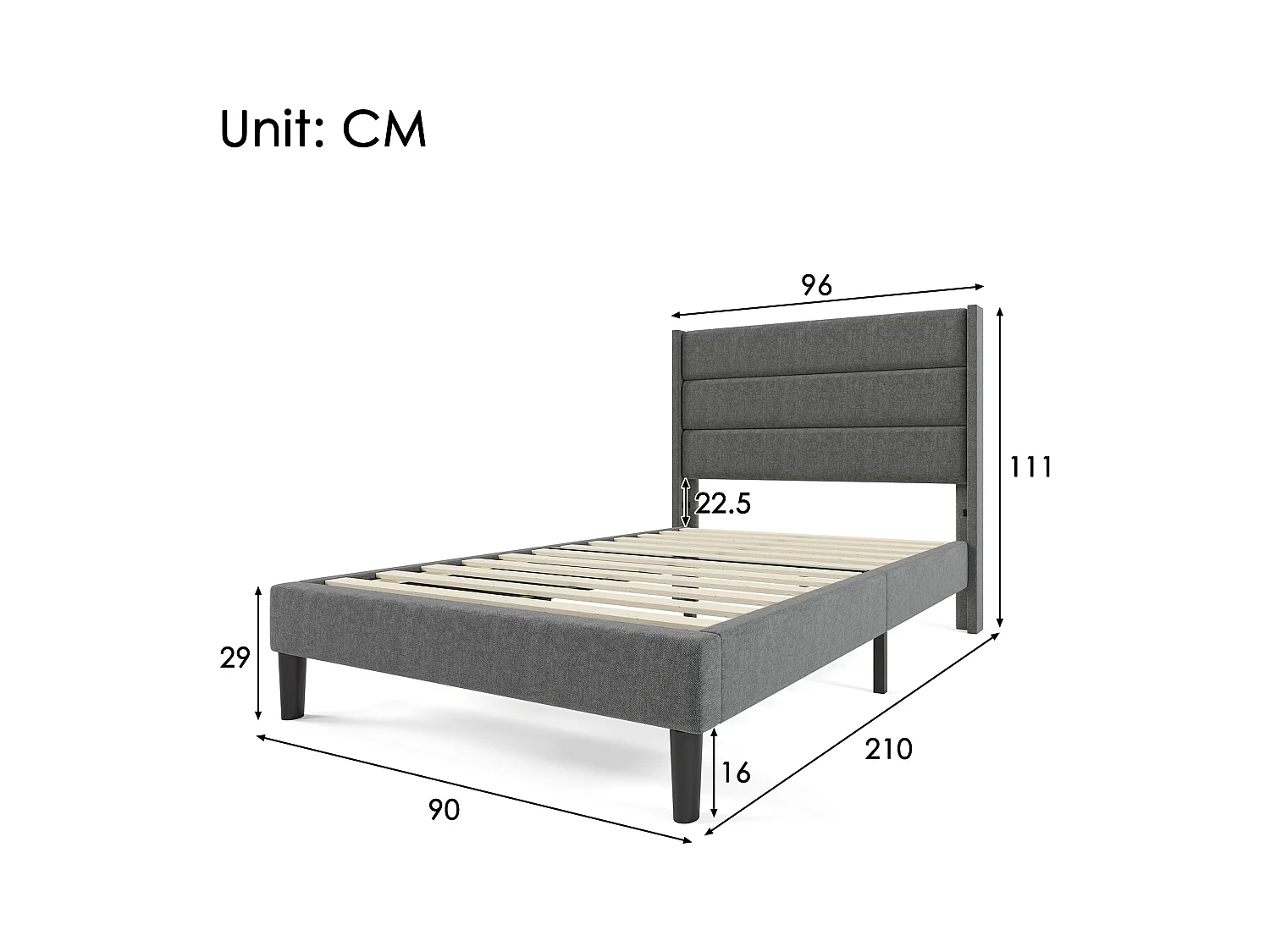 Lit enfant 90x200 cm avec sommier à lattes et tête de lit - Revêtement en lin gris, sans matelas