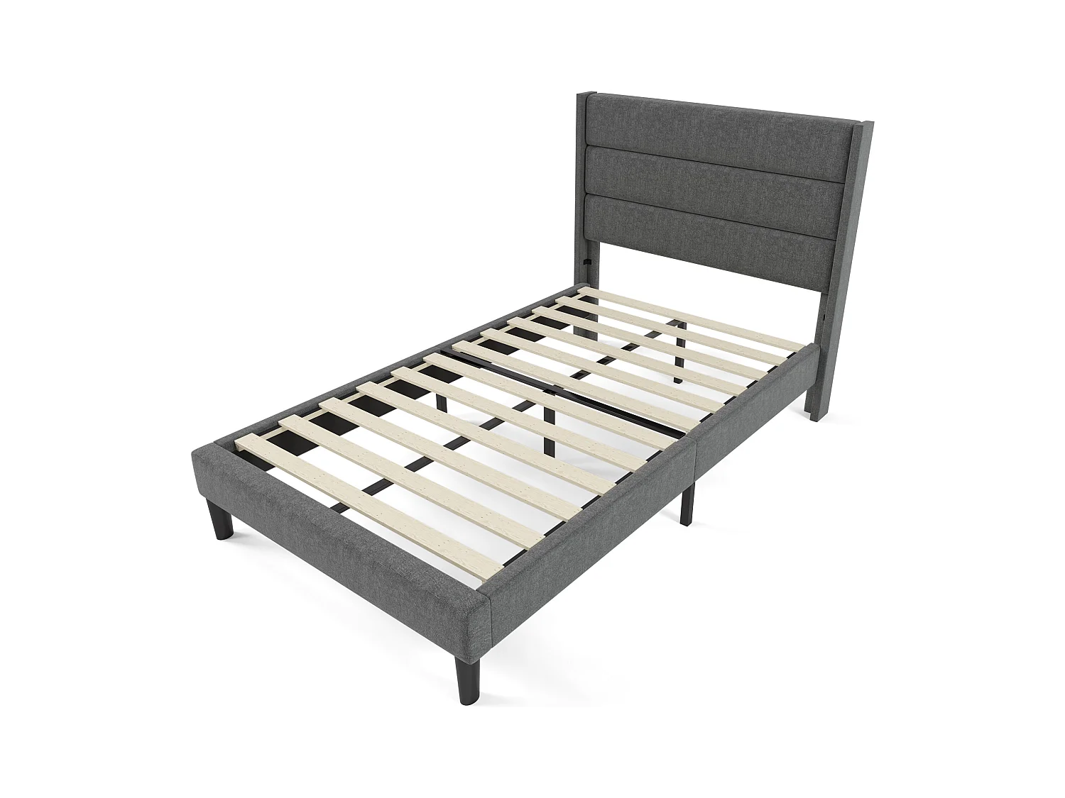 Lit enfant 90x200 cm avec sommier à lattes et tête de lit - Revêtement en lin gris, sans matelas