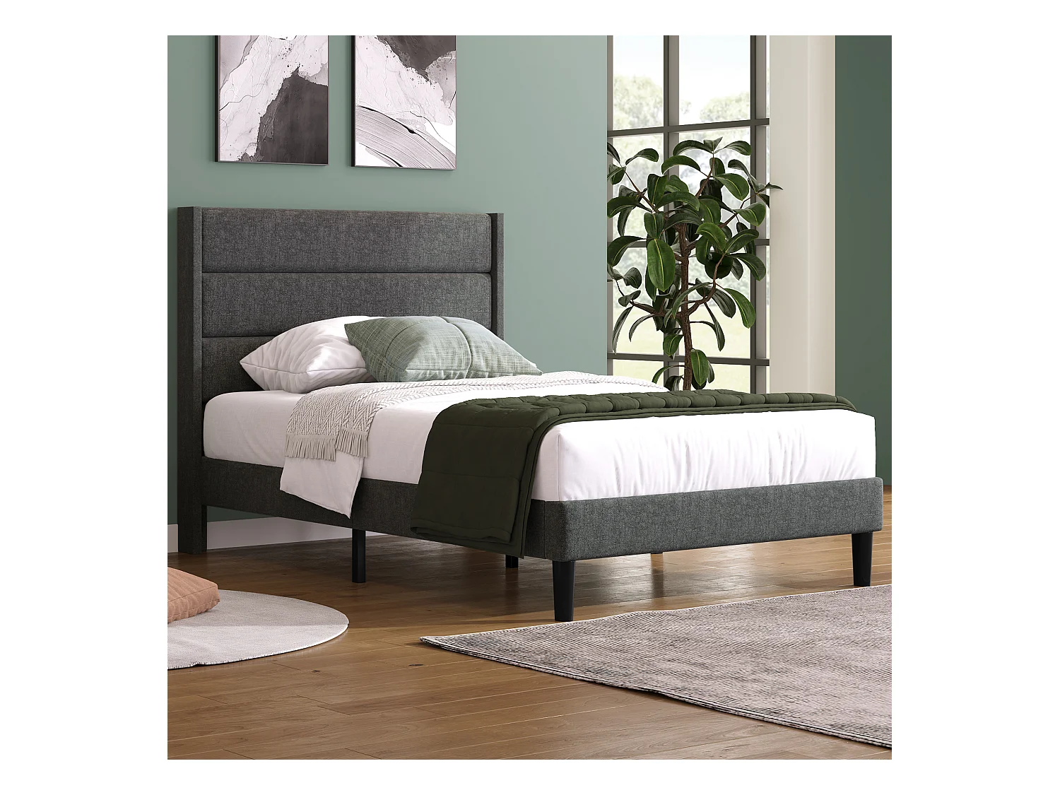 Lit enfant 90x200 cm avec sommier à lattes et tête de lit - Revêtement en lin gris, sans matelas
