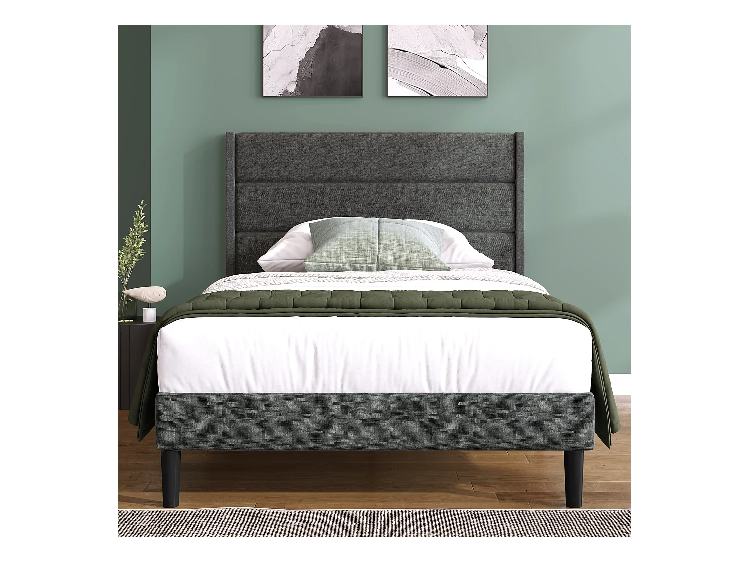 Lit enfant 90x200 cm avec sommier à lattes et tête de lit - Revêtement en lin gris, sans matelas