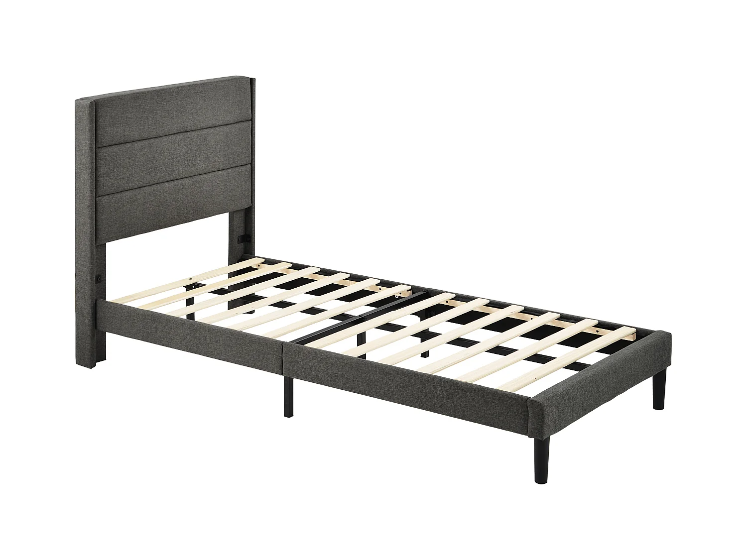 Lit enfant 90x200 cm avec sommier à lattes et tête de lit - Revêtement en lin gris, sans matelas