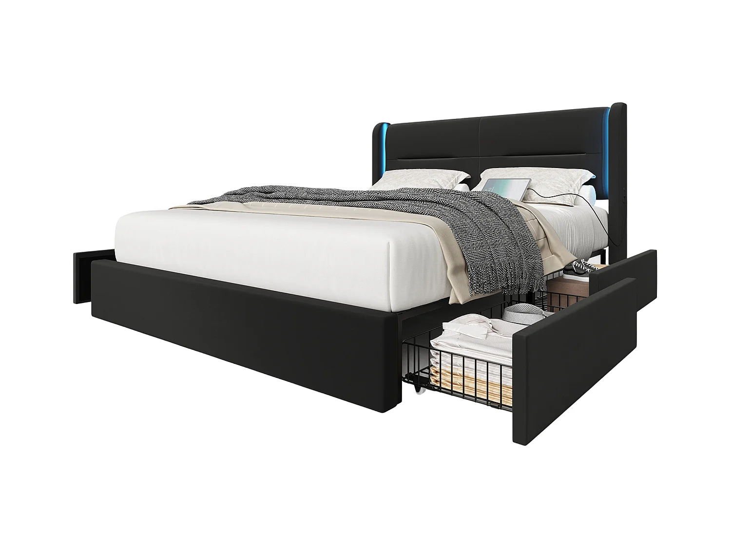 Tweepersoonsbed 160x200 cm met 4 lades, dubbele USB-poorten en elegante zijpanelen – Zwart fluweel (zonder matras)