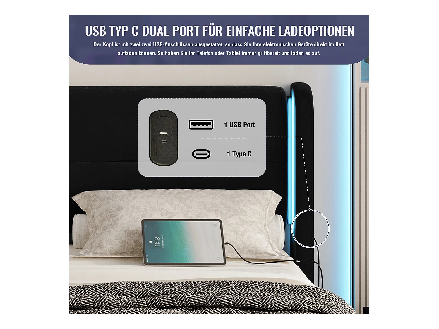 Tweepersoonsbed 160x200 cm met 4 lades, dubbele USB-poorten en elegante zijpanelen – Zwart fluweel (zonder matras)