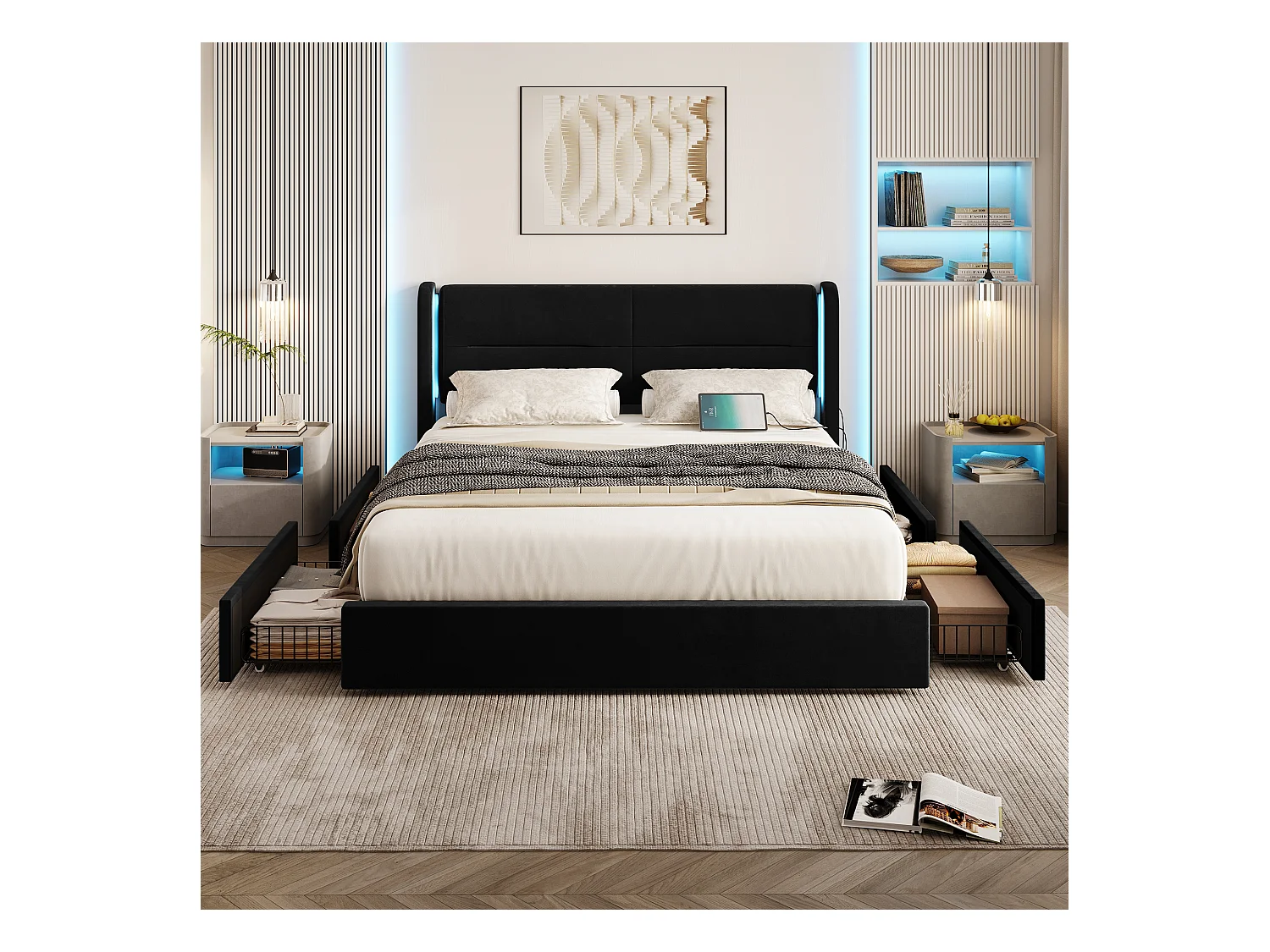 Lit adulte 160x200 cm avec 4 tiroirs, USB et LED, ailes de lit élégantes - en velours noir(sans matelas)