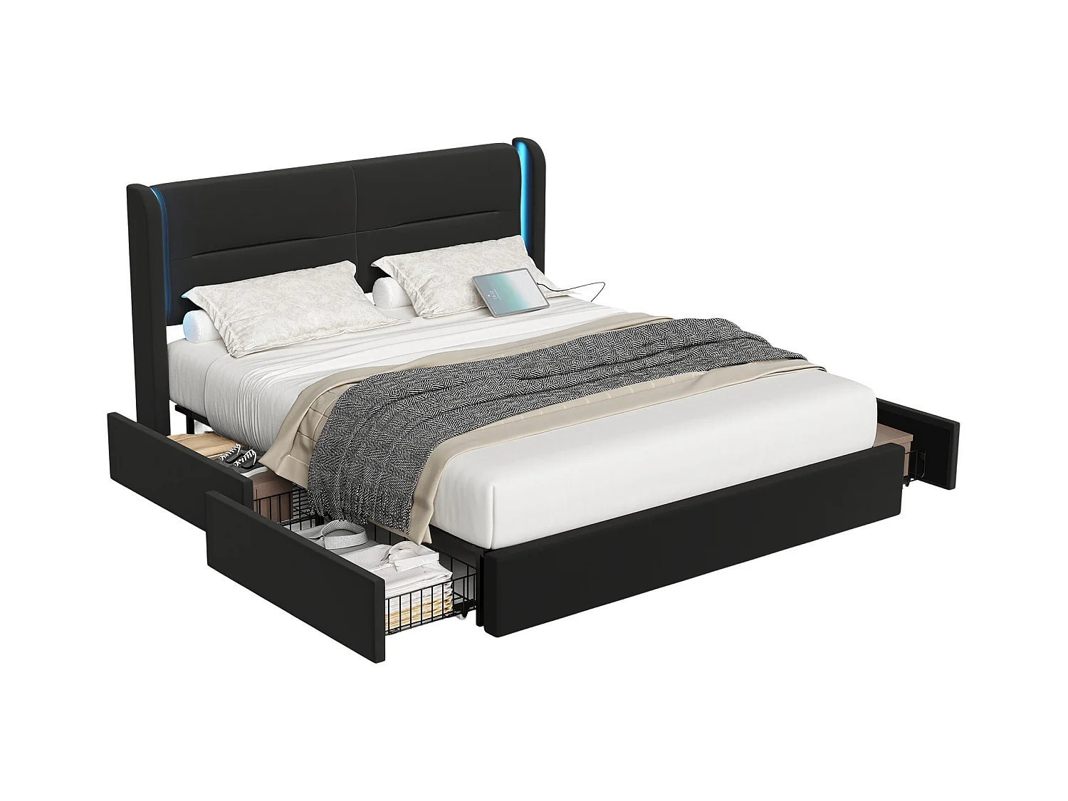 Lit adulte 160x200 cm avec 4 tiroirs, USB et LED, ailes de lit élégantes - en velours noir(sans matelas)