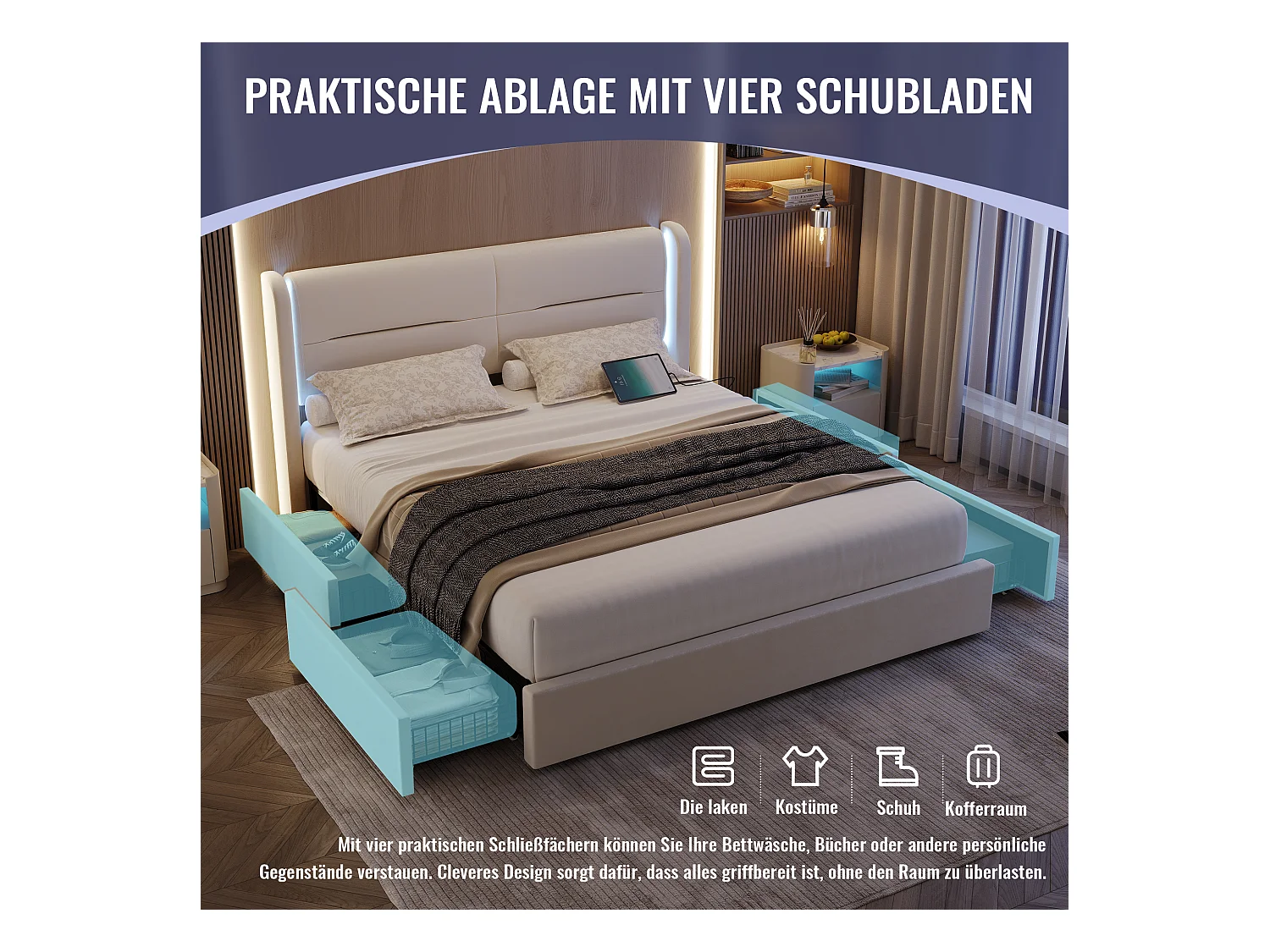 Lit adulte 160x200 cm avec 4 tiroirs,LED et USB, en velours beige(sans matelas)