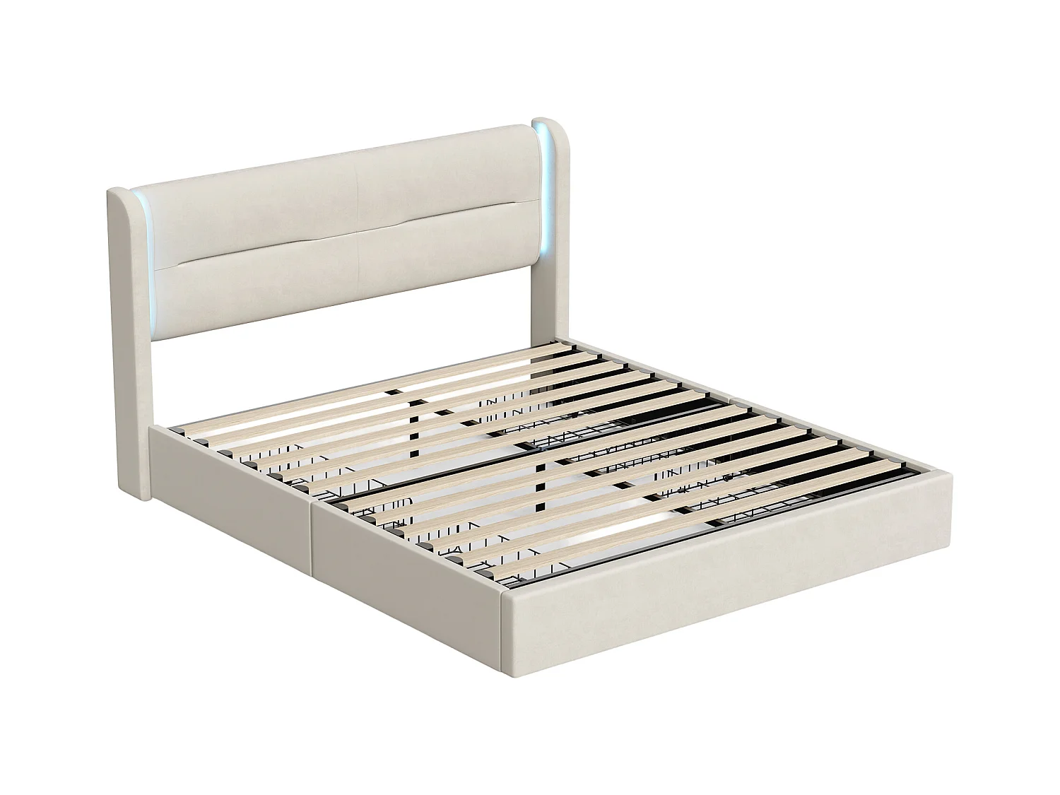 Lit adulte 160x200 cm avec 4 tiroirs,LED et USB, en velours beige(sans matelas)