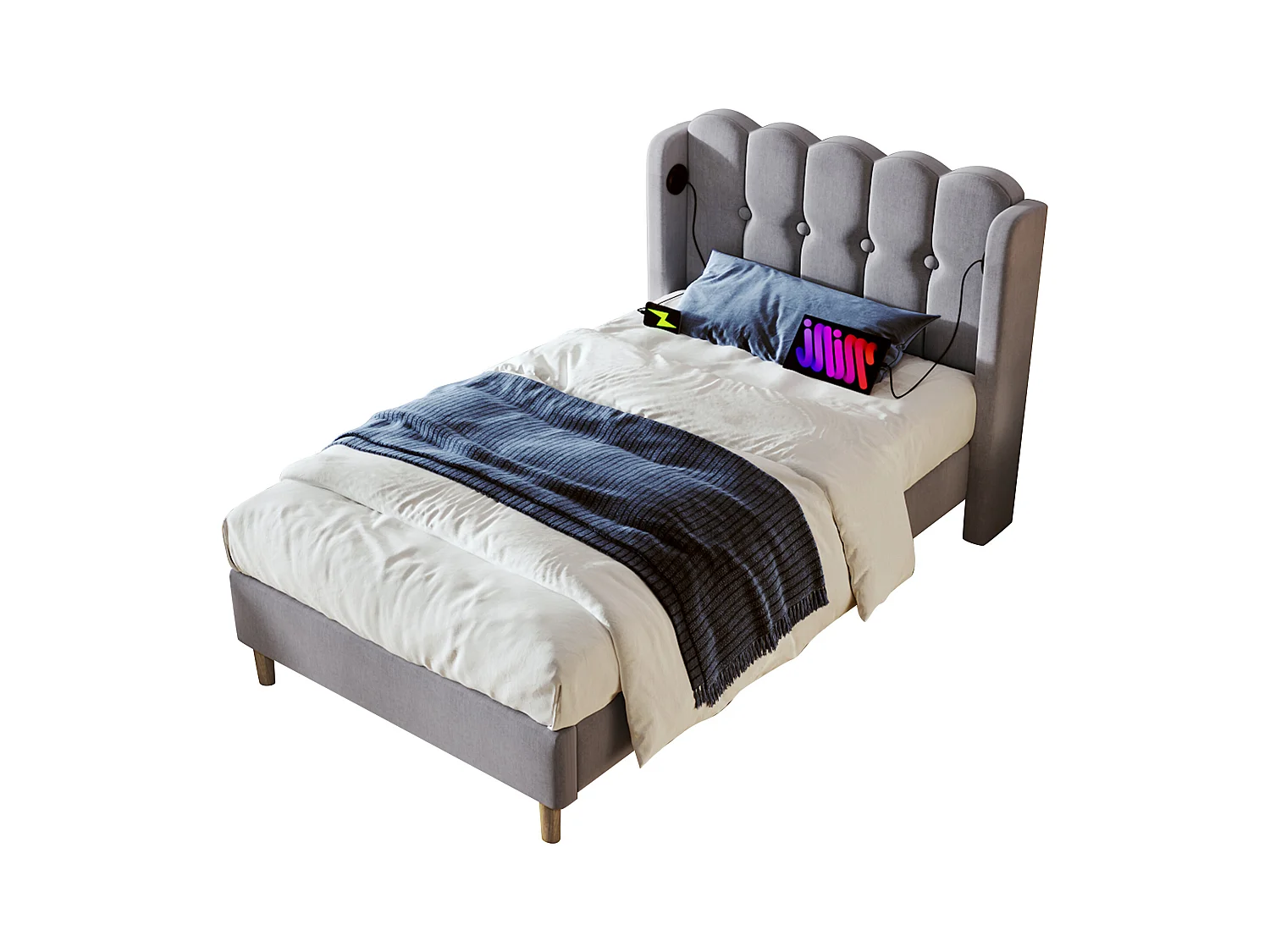 Lit enfant 90x200 cm en lin gris, Lit avec USB Type C, sommier à lattes, sans matelas