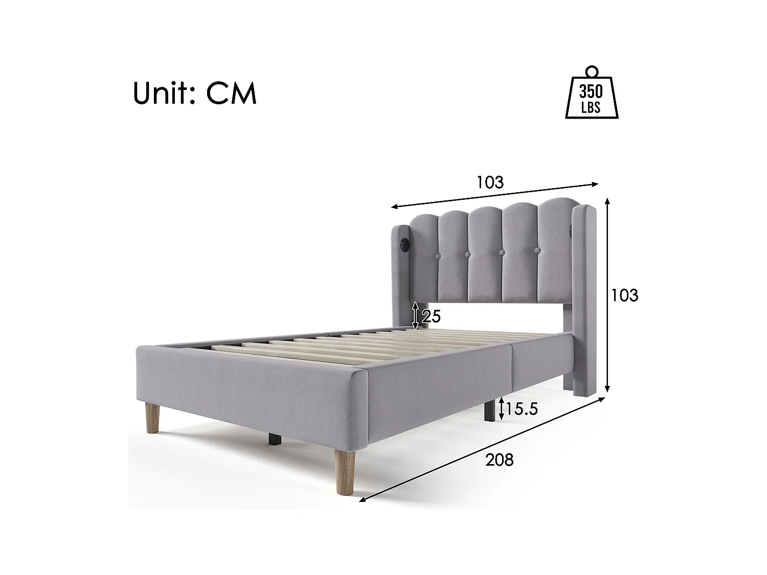 Lit enfant 90x200 cm en lin gris, Lit avec USB Type C, sommier à lattes, sans matelas