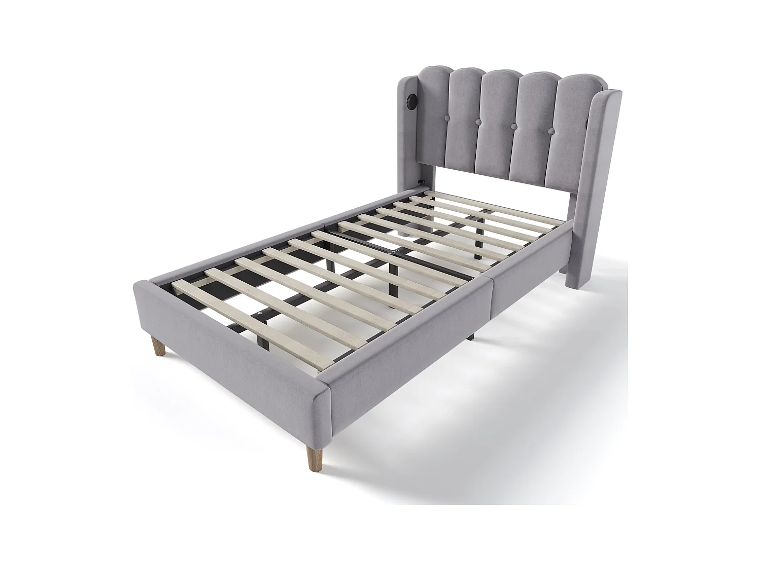 Lit enfant 90x200 cm en lin gris, Lit avec USB Type C, sommier à lattes, sans matelas