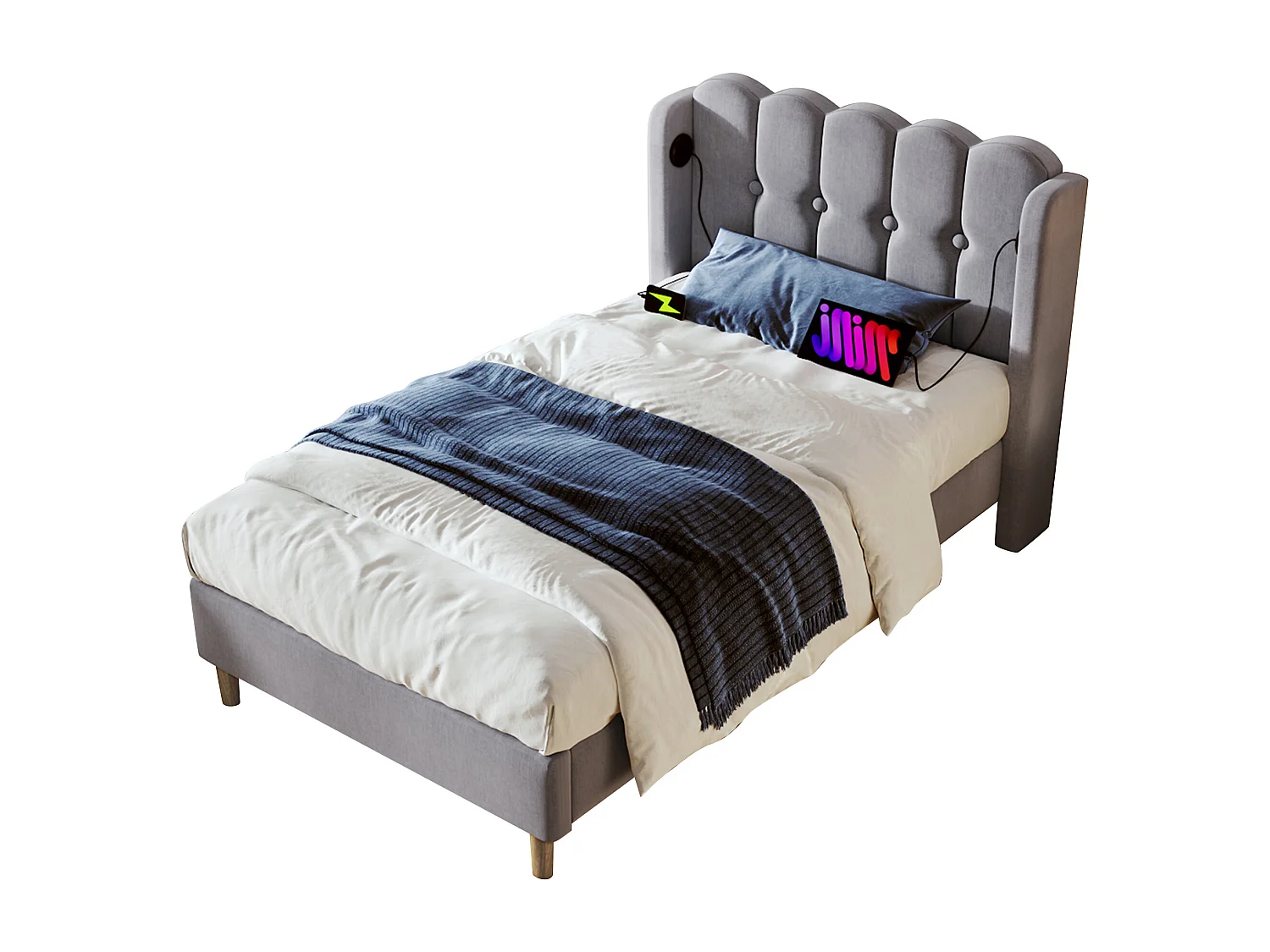 Cama de solteiro 90x200 cm em linho cinza - Cama com porta USB Tipo C, estrado de ripas (sem colchão)