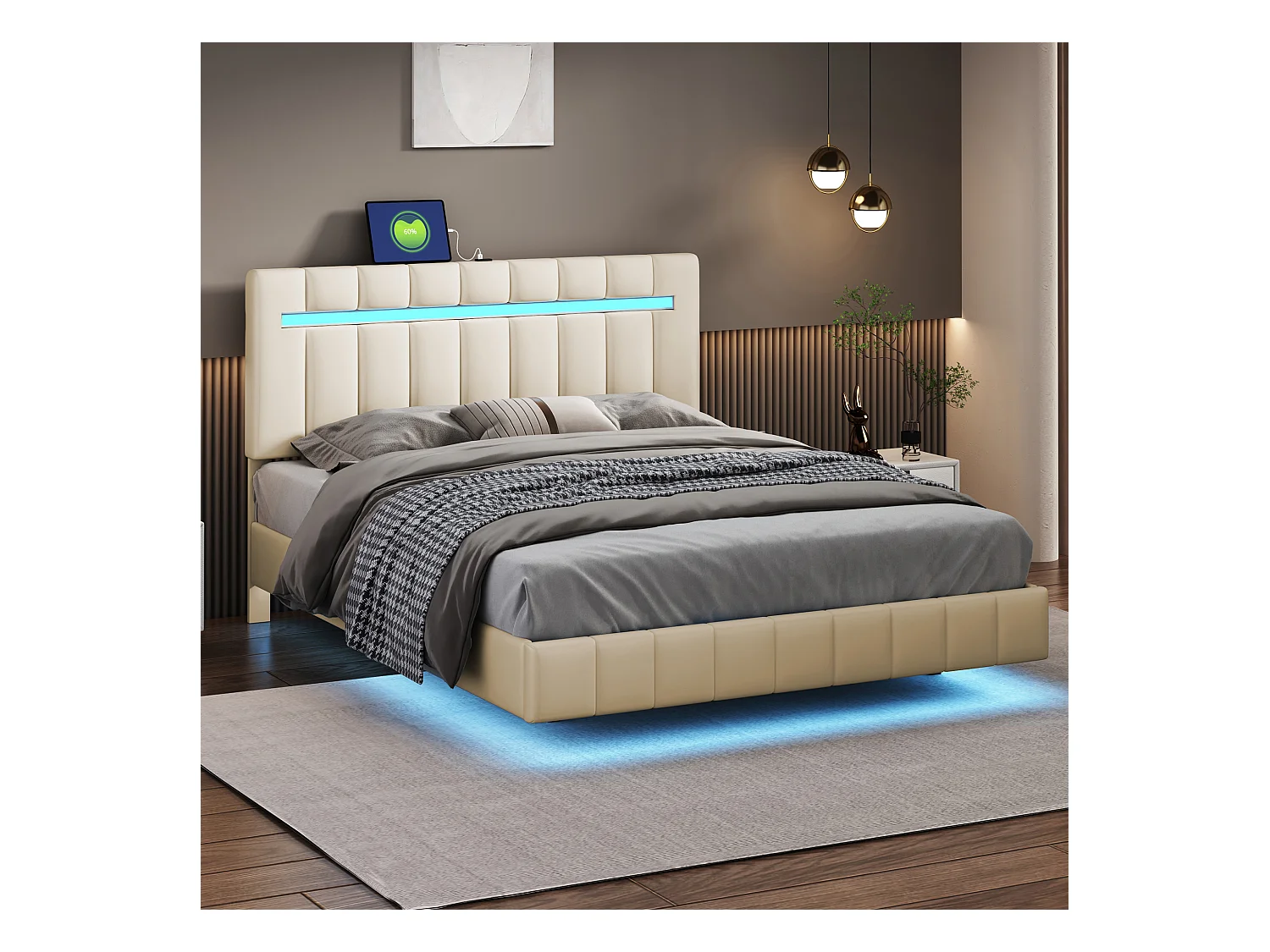 Letto matrimoniale 140 x 200 cm con illuminazione LED e testiera, in lino beige (senza materasso)