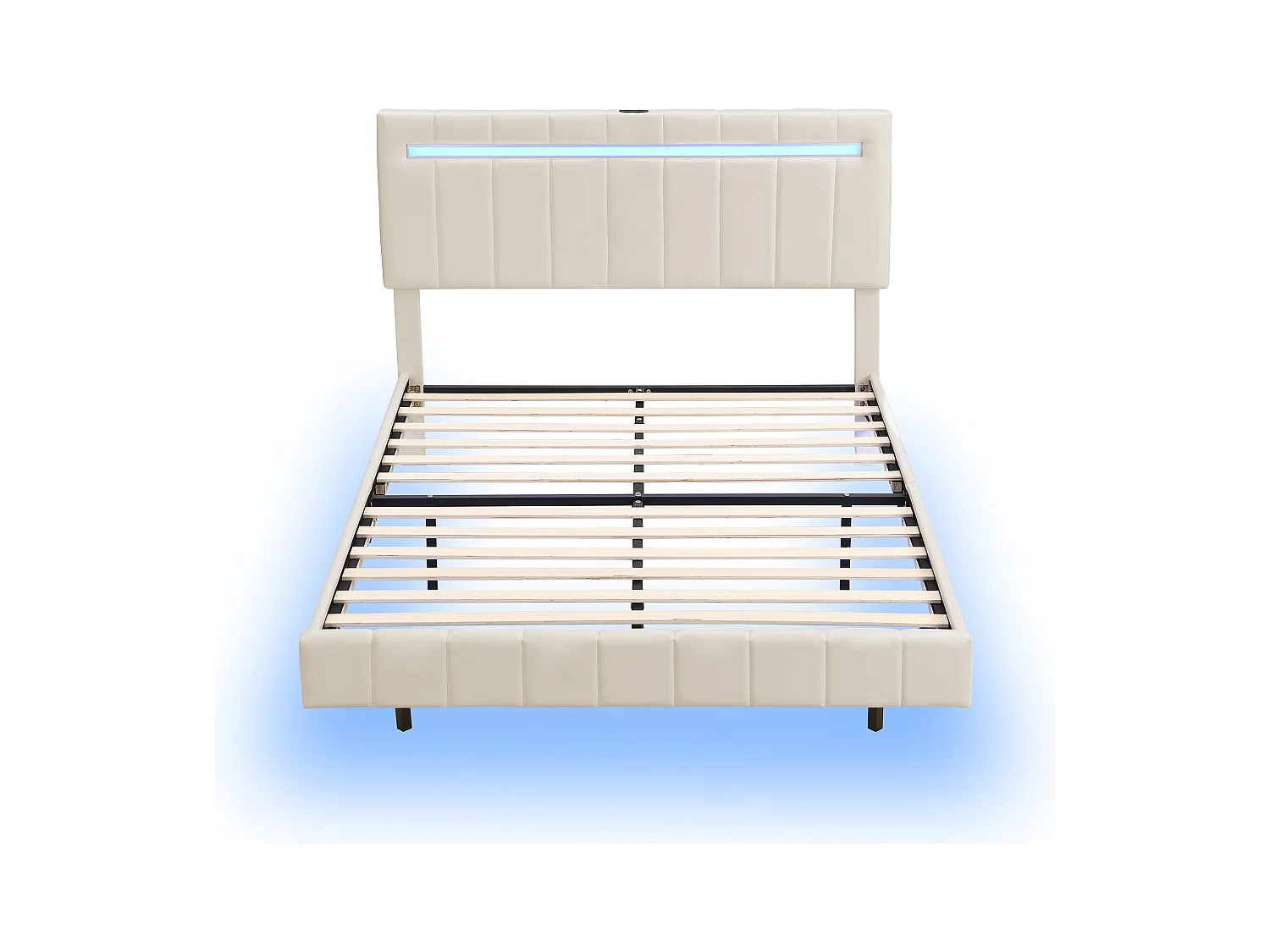 Letto matrimoniale 140 x 200 cm con illuminazione LED e testiera, in lino beige (senza materasso)