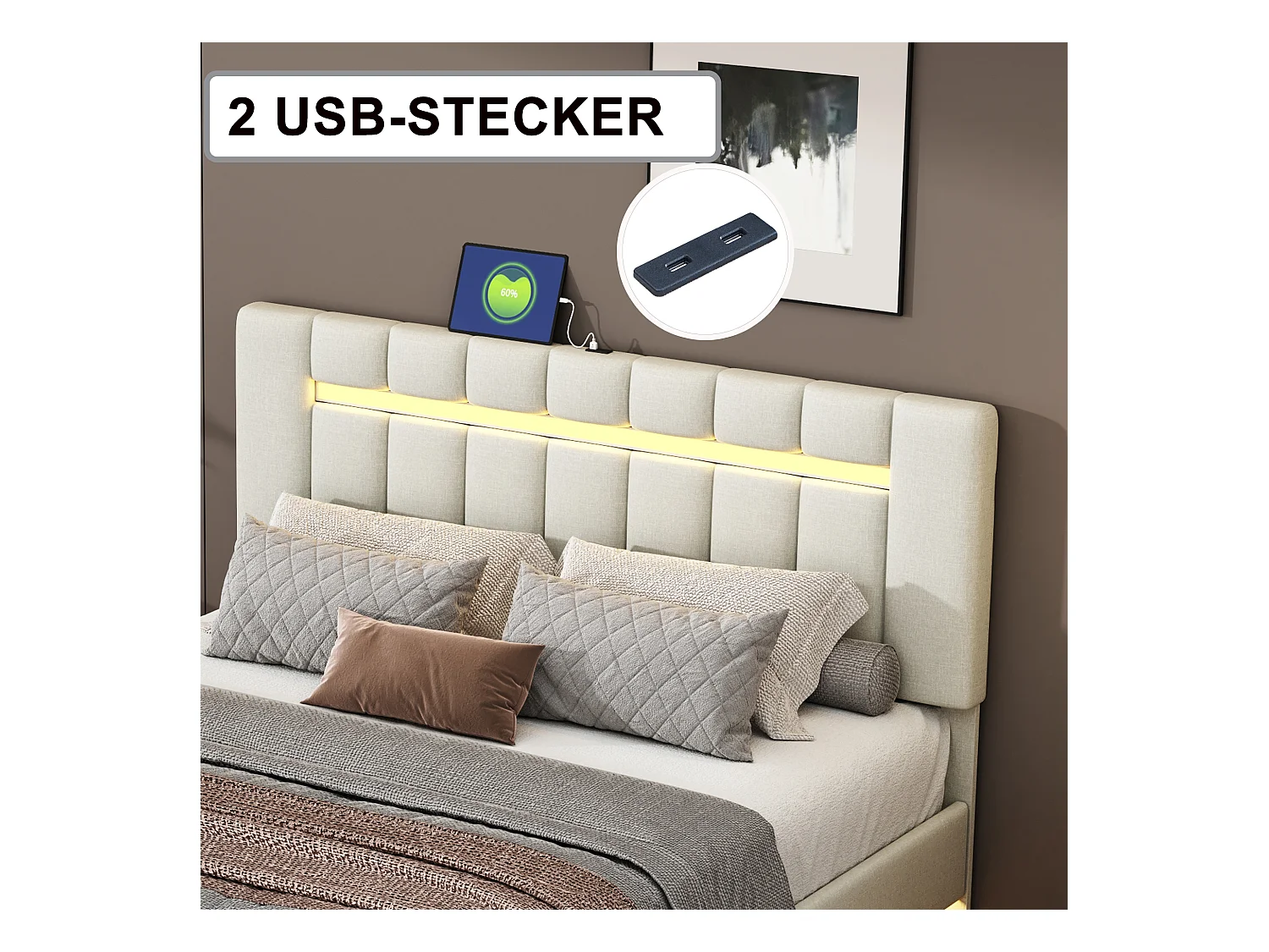 Lit adulte 140 x 200 cm, avec éclairage LED et tête de lit, en lin beige (sans matelas)