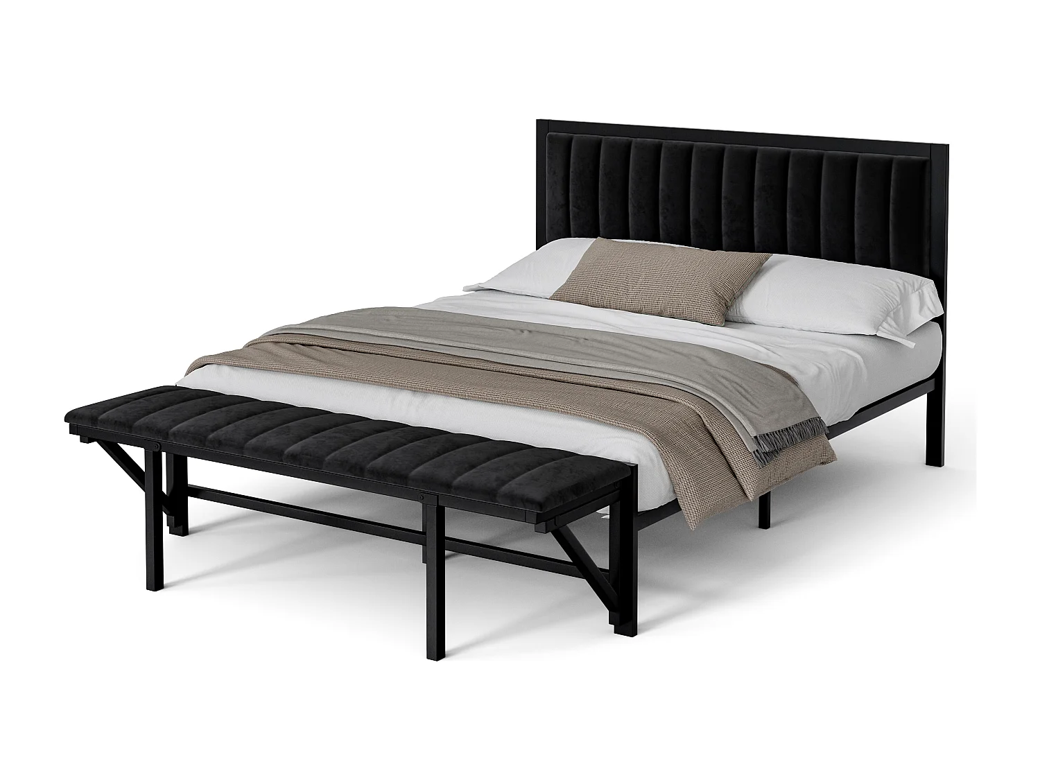 Lit adulte 140x200 cm avec banc de pied rabattable, cadre en métal – Velours noir(sans matelas)