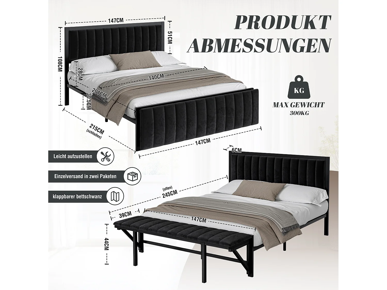 Lit adulte 140x200 cm avec banc de pied rabattable, cadre en métal – Velours noir(sans matelas)