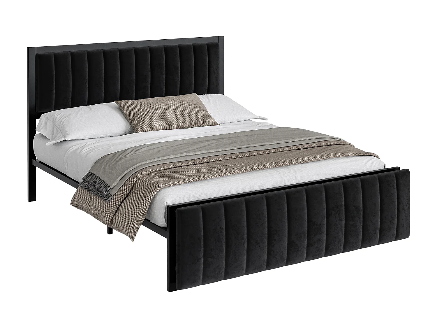 Lit adulte 140x200 cm avec banc de pied rabattable, cadre en métal – Velours noir(sans matelas)