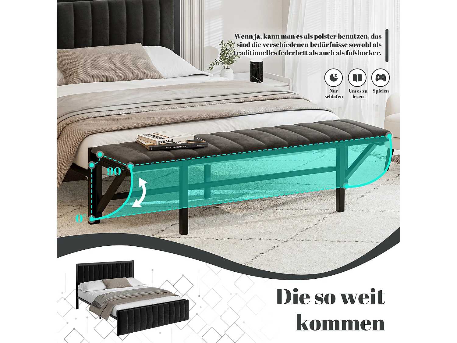 Lit adulte 140x200 cm avec banc de pied rabattable, cadre en métal – Velours noir(sans matelas)