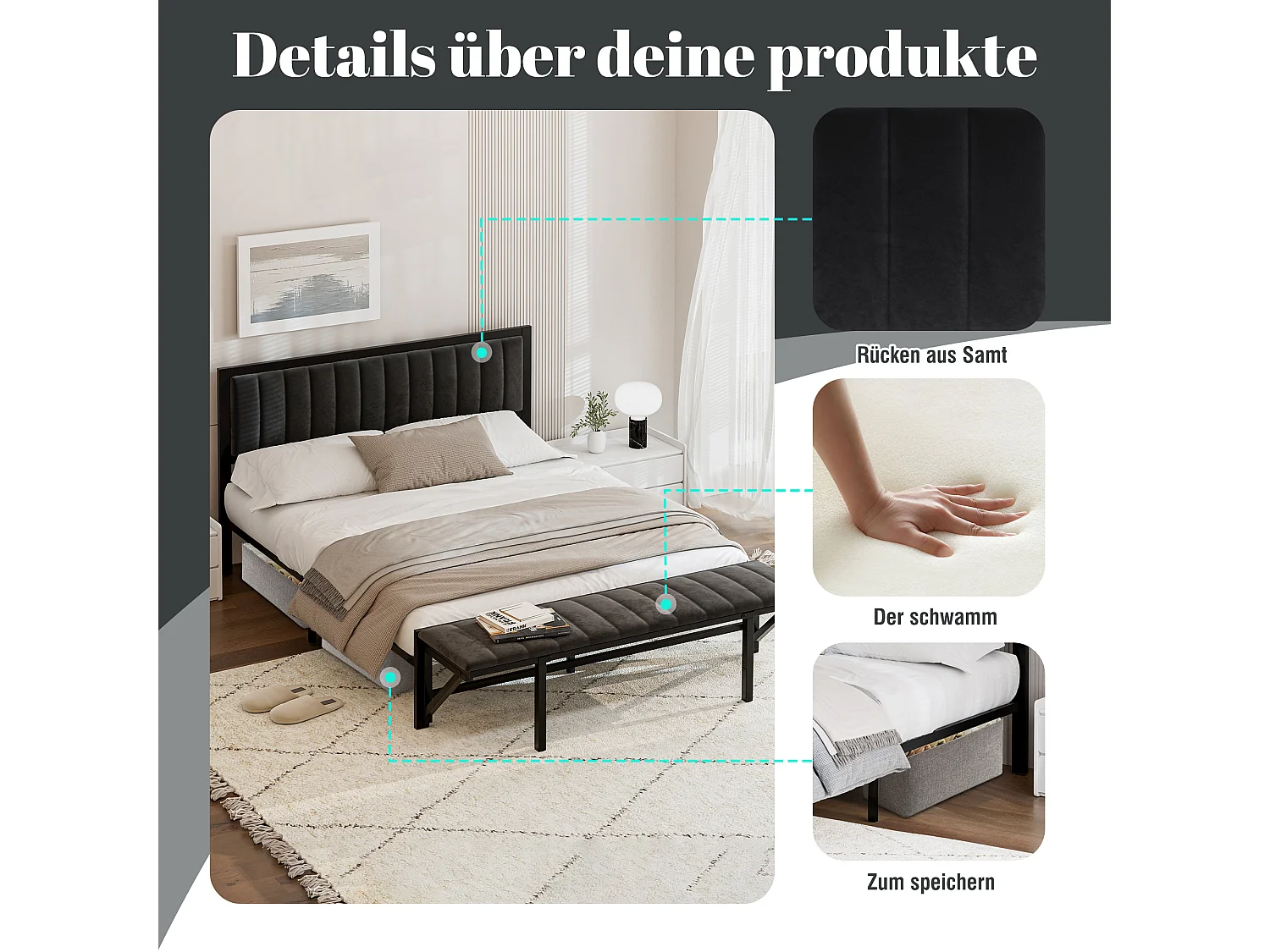 Lit adulte 140x200 cm avec banc de pied rabattable, cadre en métal – Velours noir(sans matelas)