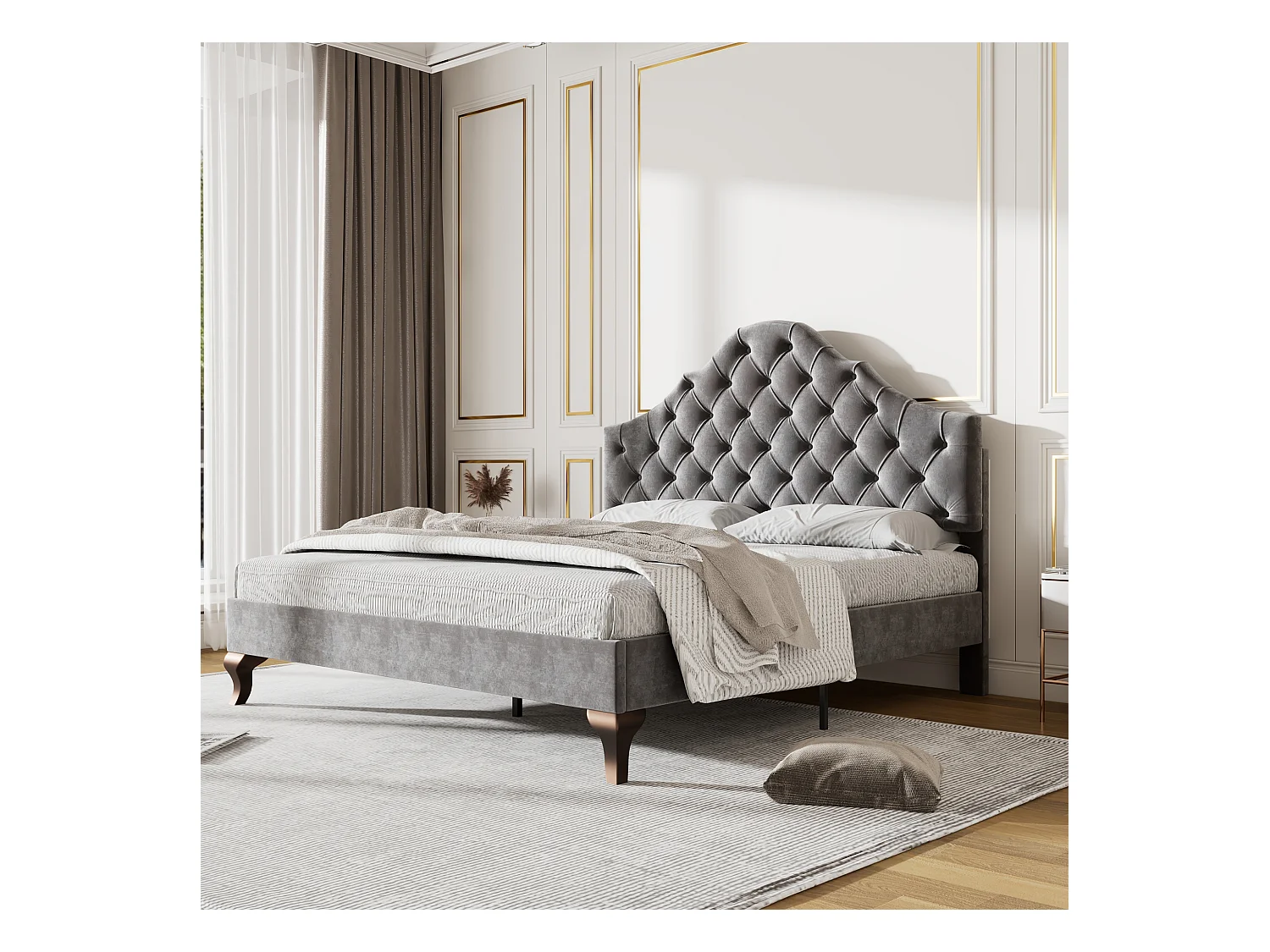 Lit adulte 140x200 cm - Tête de lit réglable - Sommier à lattes en bois - Velours gris (sans matelas)