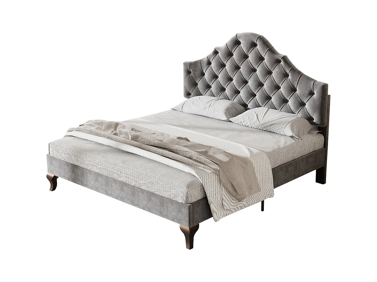 Lit adulte 140x200 cm - Tête de lit réglable - Sommier à lattes en bois - Velours gris (sans matelas)