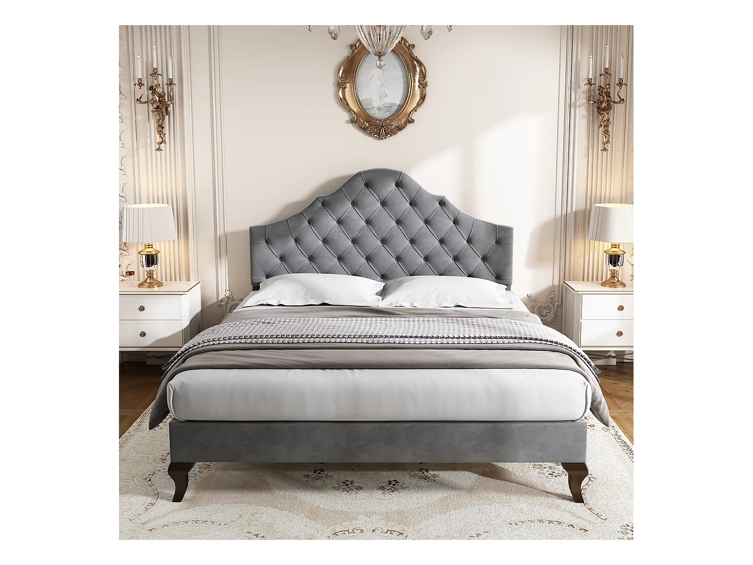 Lit adulte 140x200 cm - Tête de lit réglable - Sommier à lattes en bois - Velours gris (sans matelas)