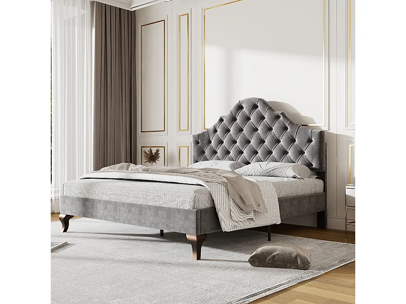 Tweepersoonsbed 140x200 cm – Verstelbaar hoofdbord – Lattenbodem van hout – Grijze fluweel (zonder matras)