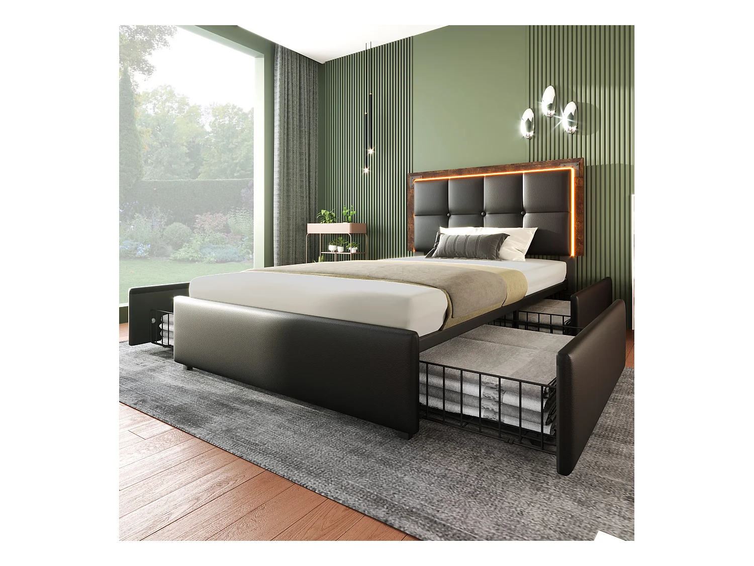 Lit enfant 90x200 cm avec 4 tiroirs - avec LED et tête de lit réglable - PU Noir (sans matelas)