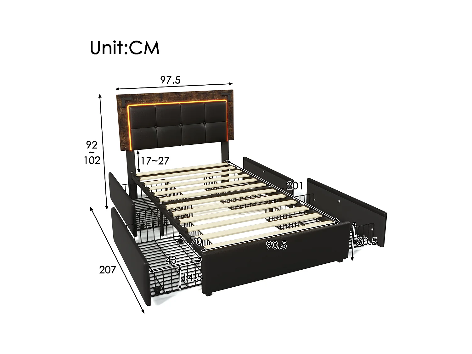Lit enfant 90x200 cm avec 4 tiroirs - avec LED et tête de lit réglable - PU Noir (sans matelas)