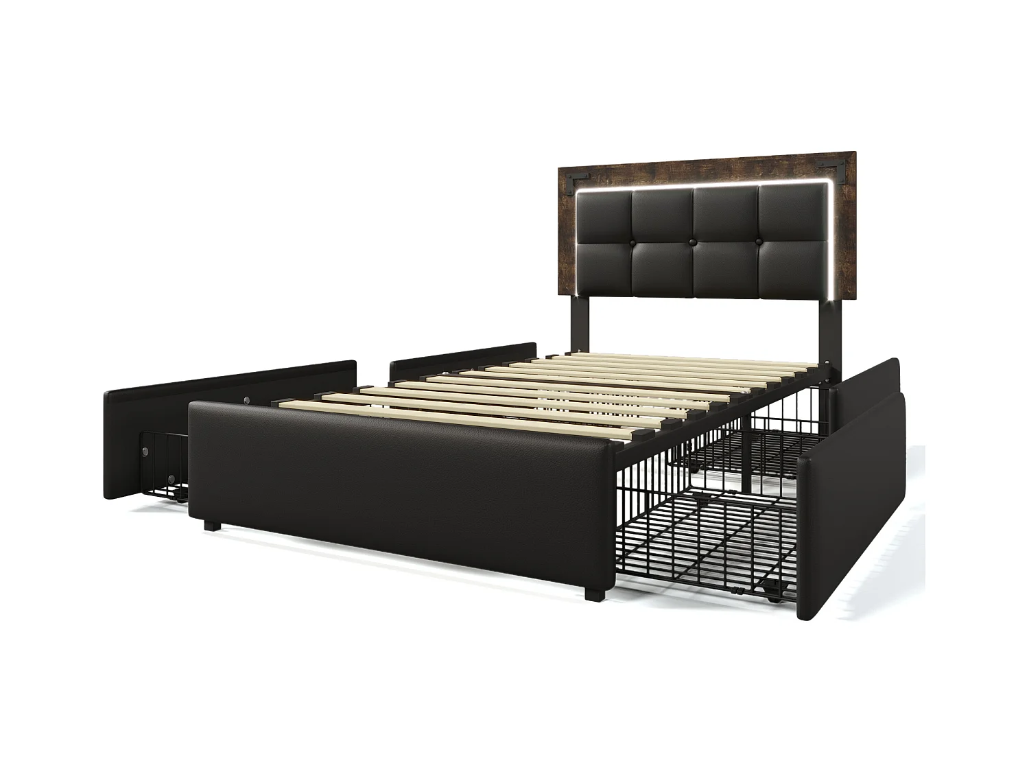 Lit enfant 90x200 cm avec 4 tiroirs - avec LED et tête de lit réglable - PU Noir (sans matelas)