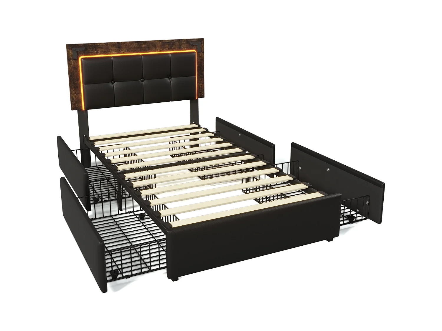 Lit enfant 90x200 cm avec 4 tiroirs - avec LED et tête de lit réglable - PU Noir (sans matelas)