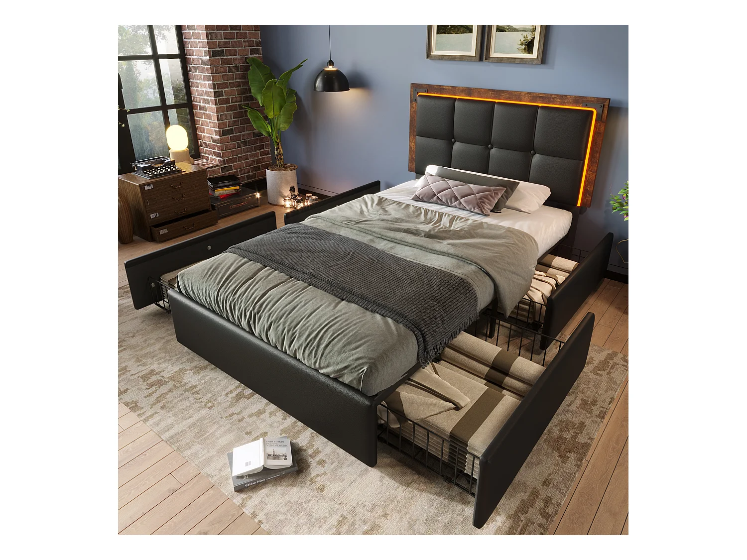 Lit enfant 90x200 cm avec 4 tiroirs - avec LED et tête de lit réglable - PU Noir (sans matelas)