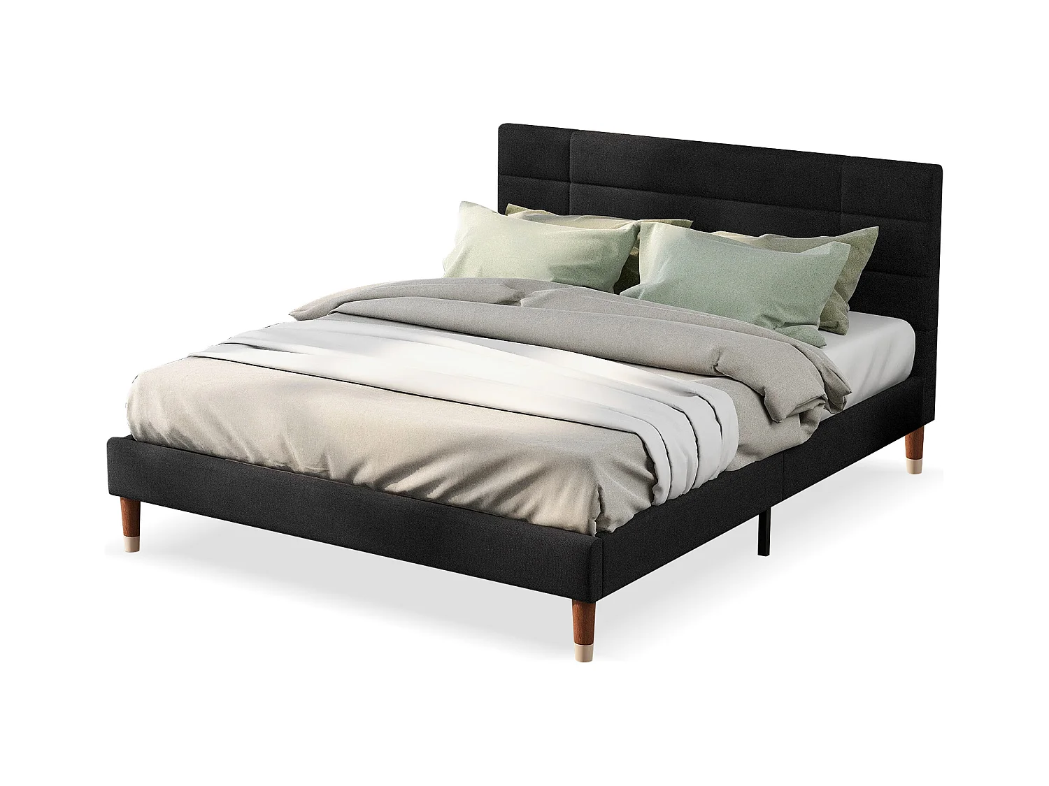 Lit adulte 140x200 cm avec sommier à lattes et tête de lit, en lin noir(matelas non inclus)