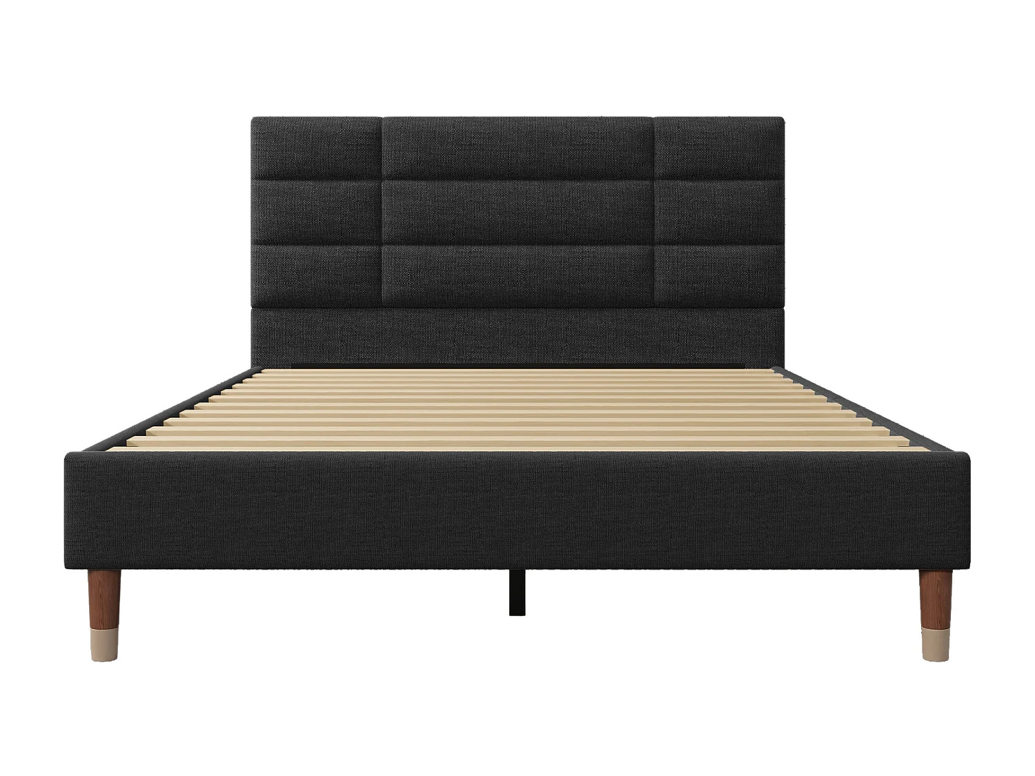 Cama de casal 140x200 cm com estrado de ripas e cabeceira, em linho preto (colchão não incluído)