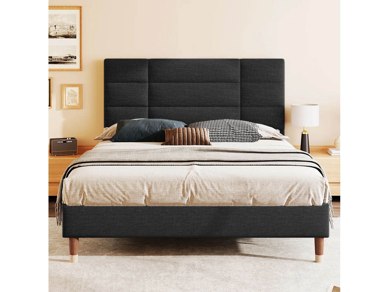 Cama de casal 140x200 cm com estrado de ripas e cabeceira, em linho preto (colchão não incluído)