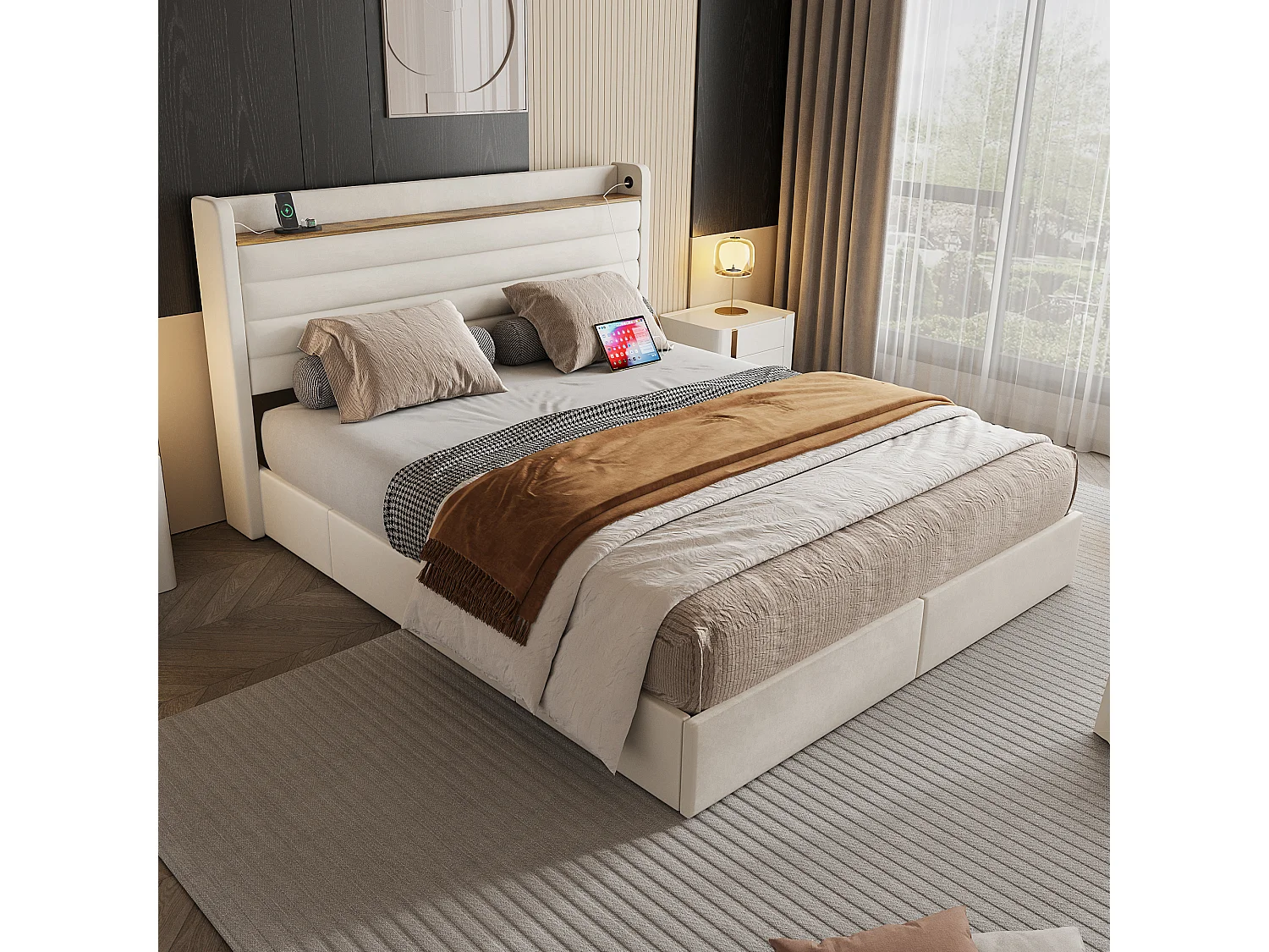Lit adulte 160x200 cm avec 4 tiroirs. Tête de lit avec USB, Velours beige, sans matelas