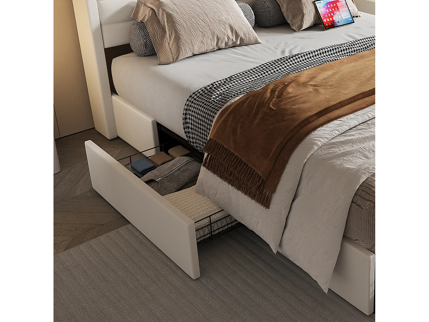 Tweepersoonsbed 160x200 cm - Hoofdeinde met USB - Beige fluweel (zonder matras)