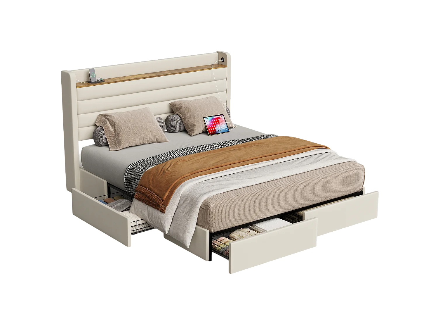 Tweepersoonsbed 160x200 cm - Hoofdeinde met USB - Beige fluweel (zonder matras)