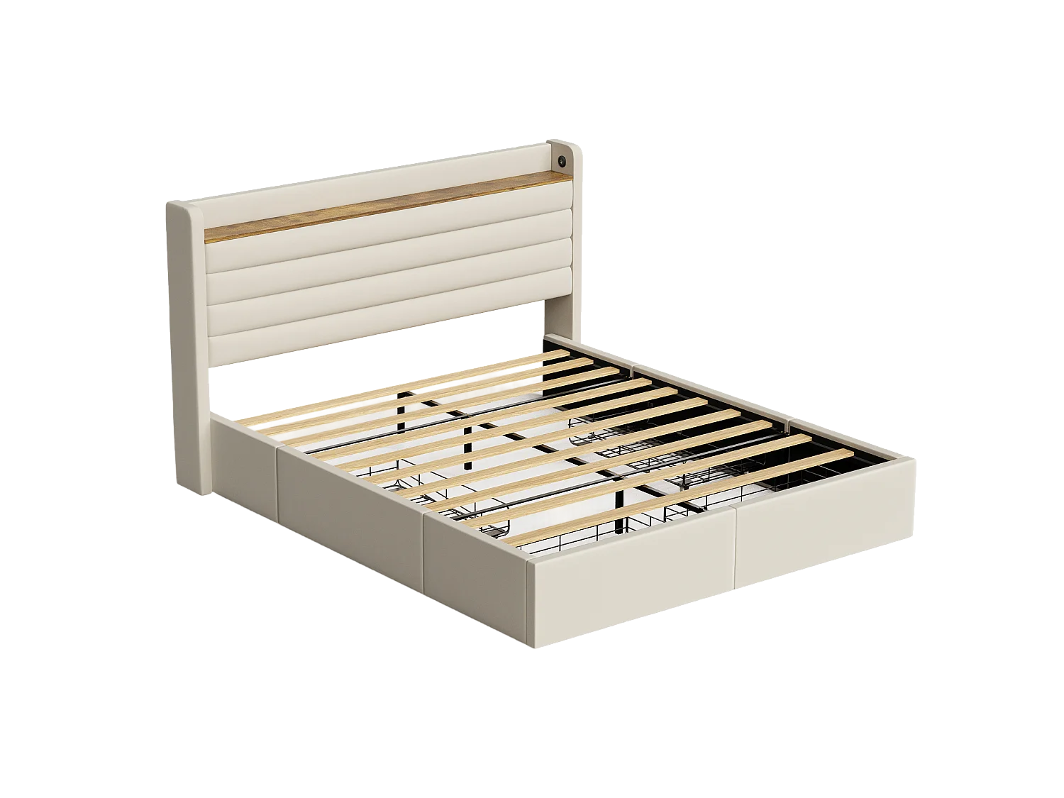 Tweepersoonsbed 160x200 cm - Hoofdeinde met USB - Beige fluweel (zonder matras)