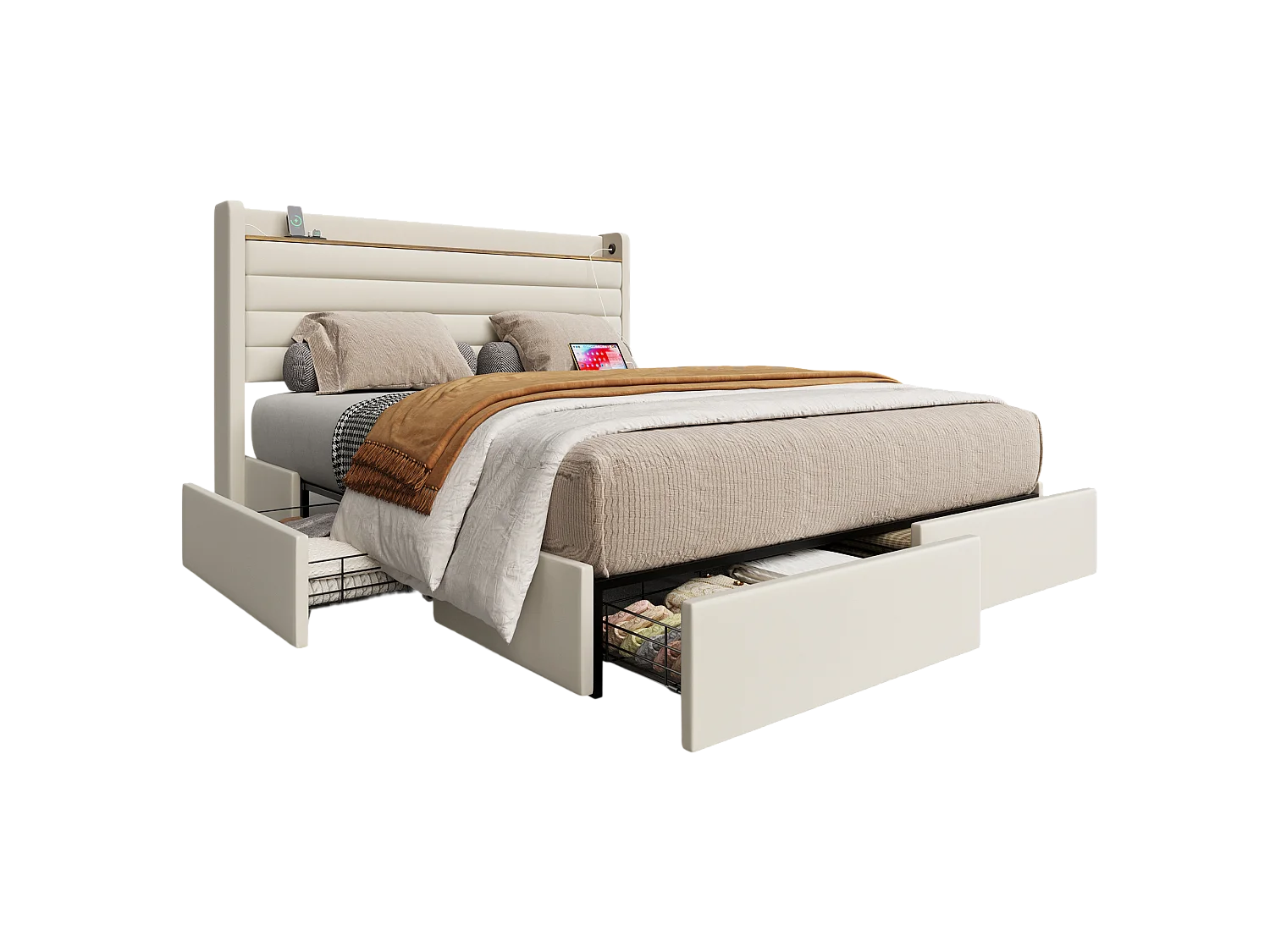 Tweepersoonsbed 160x200 cm - Hoofdeinde met USB - Beige fluweel (zonder matras)