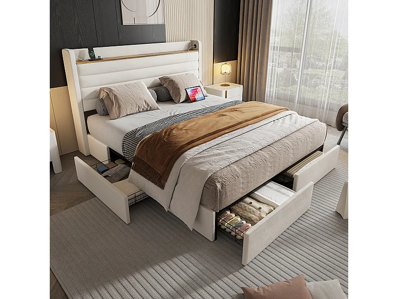 Tweepersoonsbed 160x200 cm - Hoofdeinde met USB - Beige fluweel (zonder matras)