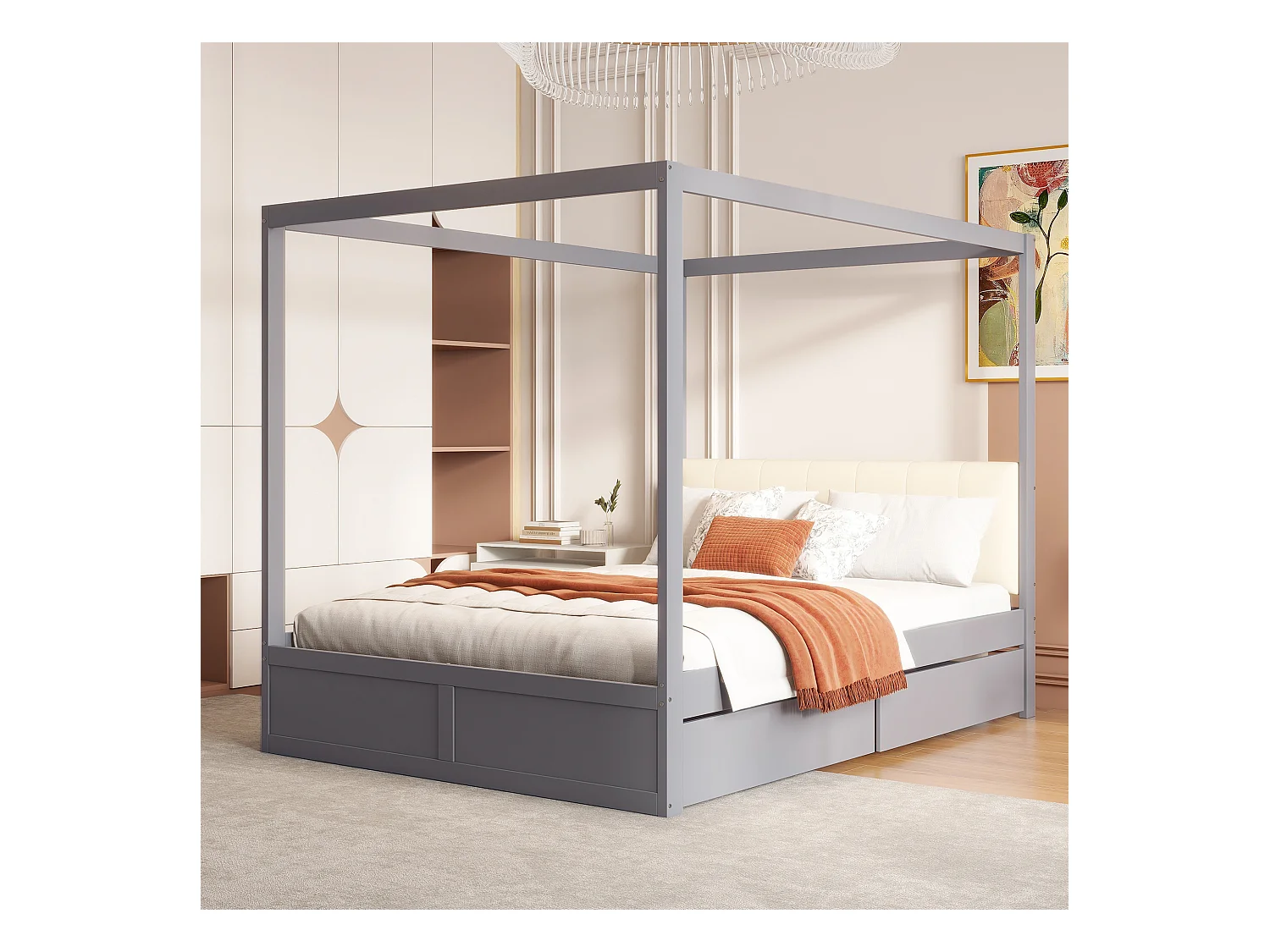 Hemelbed 140x200 cm - Met 2 lades en gestoffeerde rugleuning - Van hout - Grijs (zonder matras)