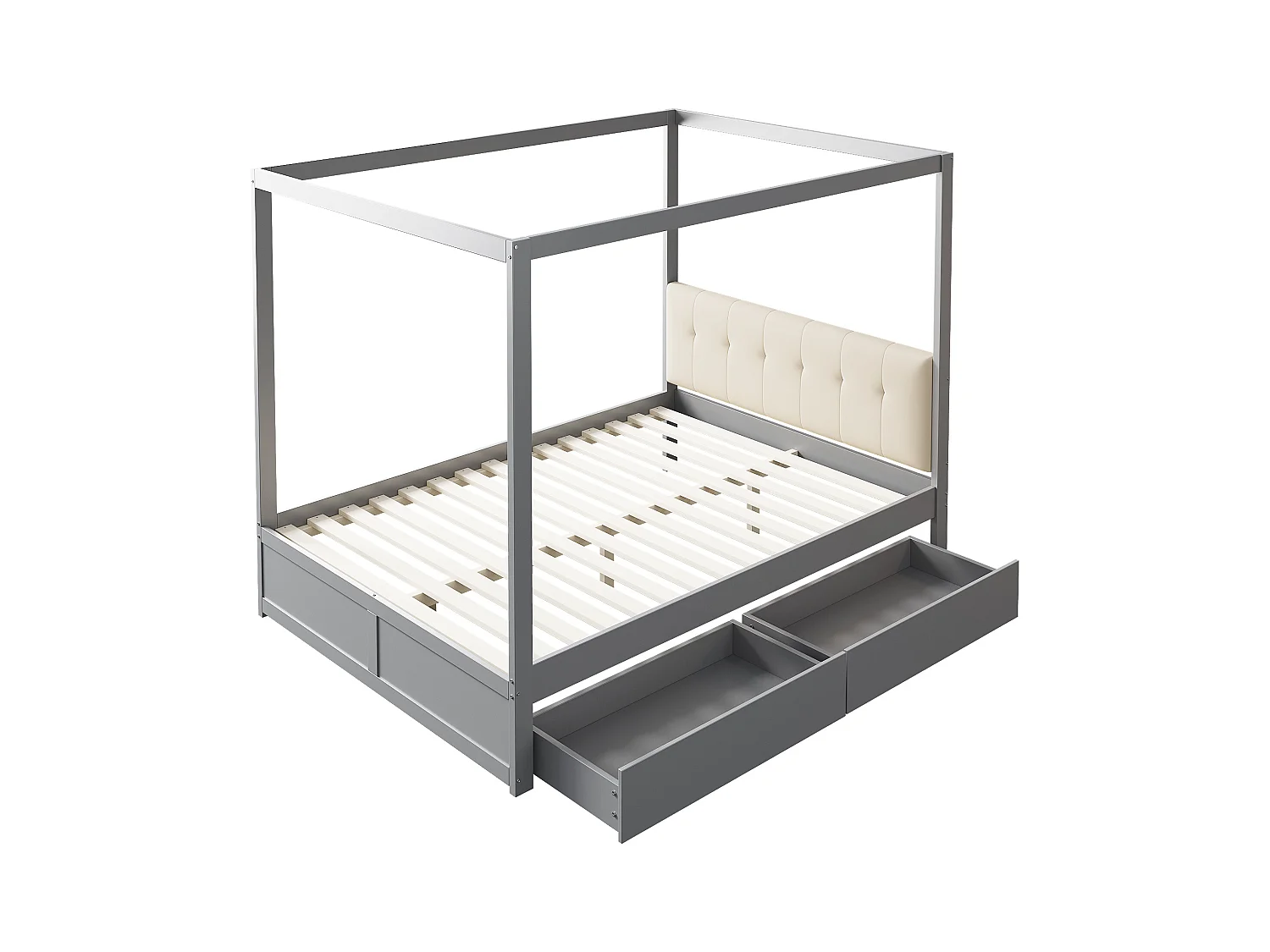 Hemelbed 140x200 cm - Met 2 lades en gestoffeerde rugleuning - Van hout - Grijs (zonder matras)